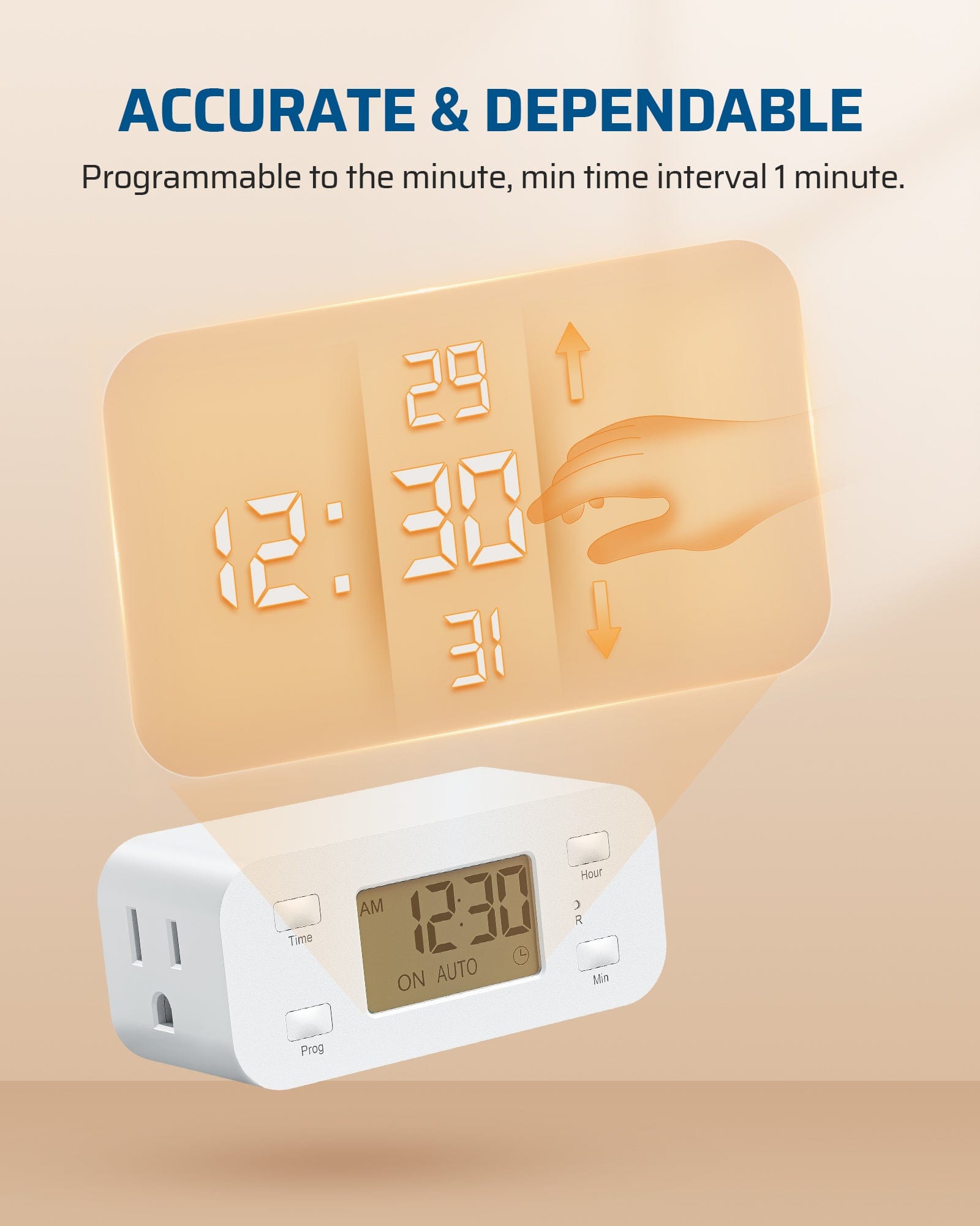 Outlet Timer: 24-hour programmable digital control with 3 ON/OFF programs, daily repeat, and 1-minute accuracy. 