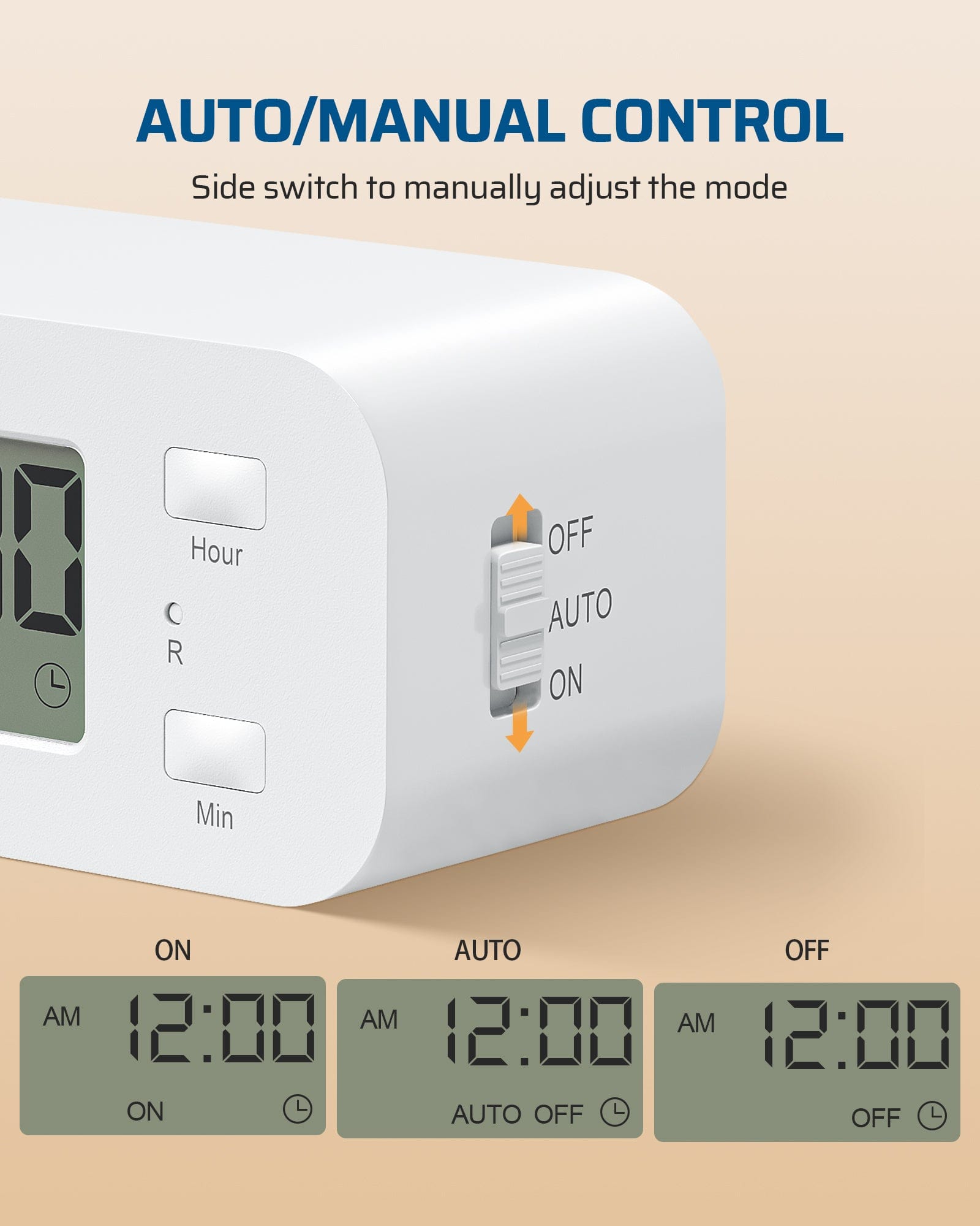 Outlet timer: Features auto/manual control with a side switch to manually adjust the mode.