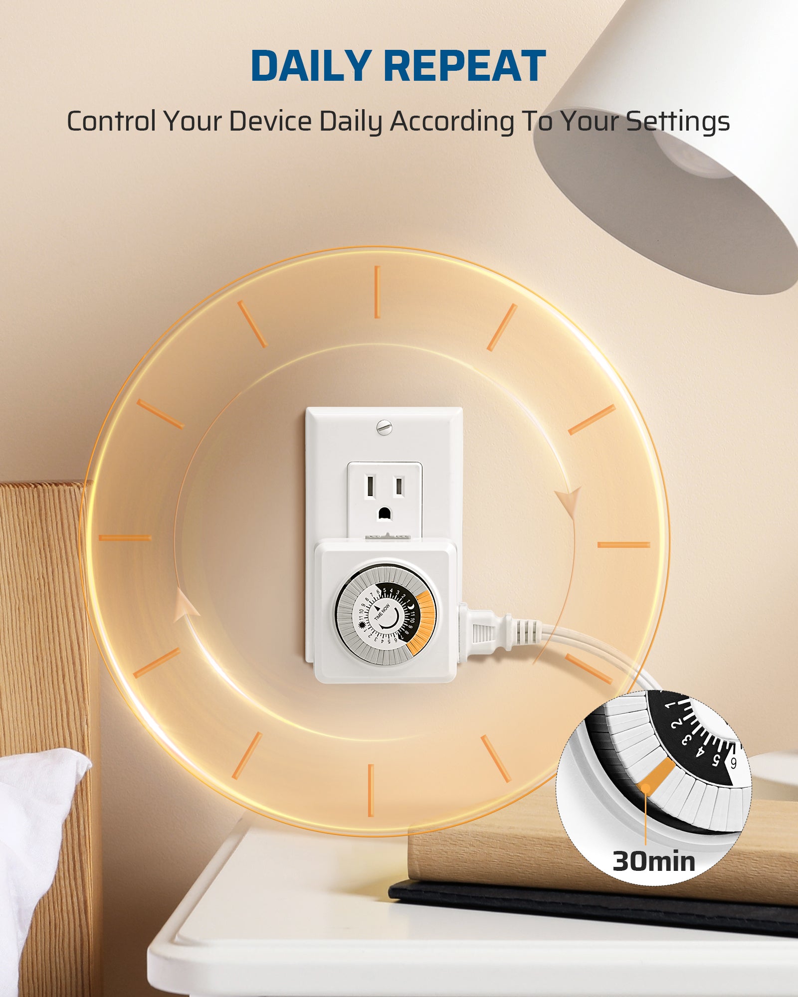 DEWENWILS 2 Pack Indoor Timers for Electrical Outlets, 24 Hour Cycle Plug-in Mechanical Timer, 30-Minute Intervals, 1 Polarized Outlet, for Christmas Lights, Room Lights-HIMT12D