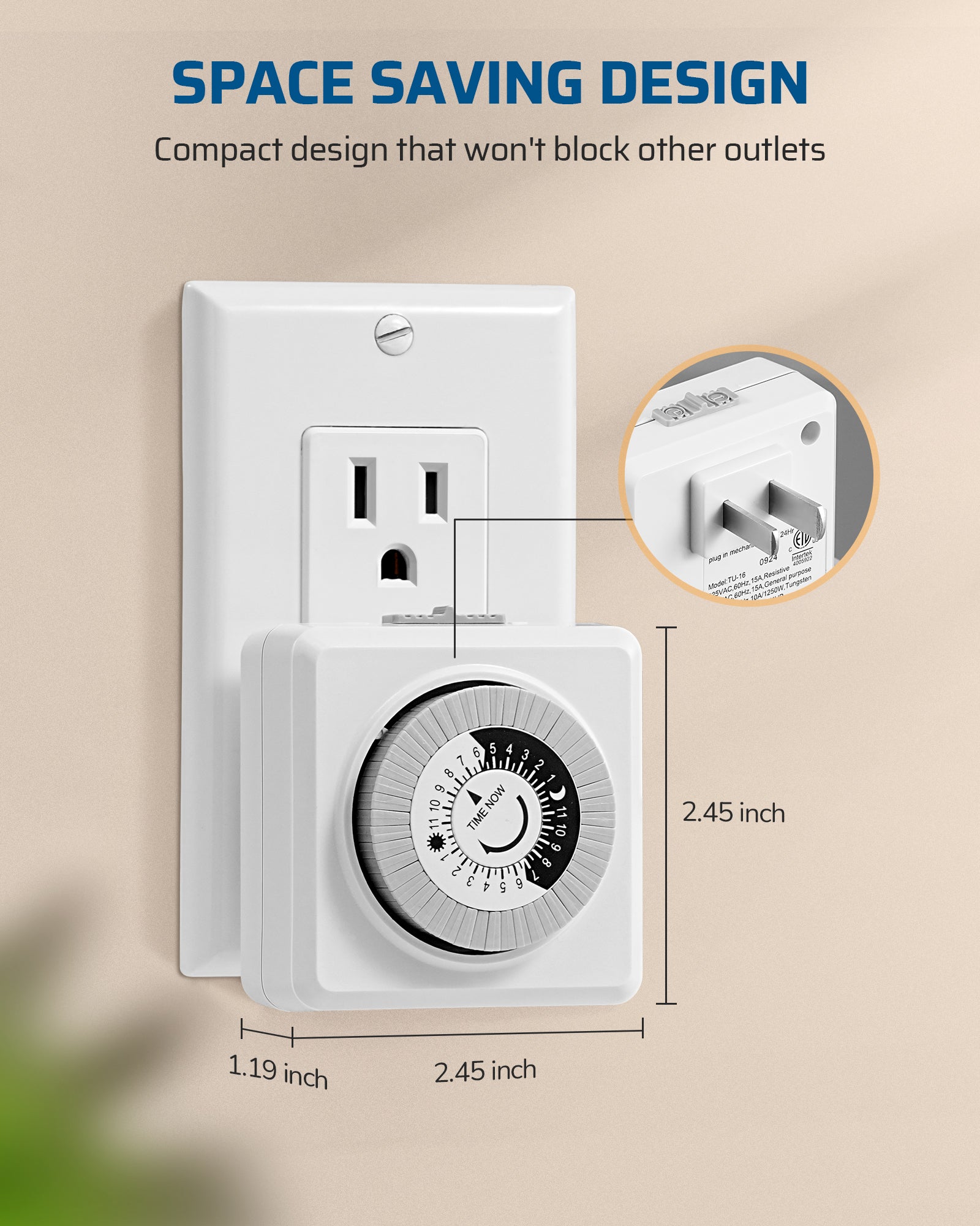 DEWENWILS 2 Pack Indoor Timers for Electrical Outlets, 24 Hour Cycle Plug-in Mechanical Timer, 30-Minute Intervals, 1 Polarized Outlet, for Christmas Lights, Room Lights-HIMT12D