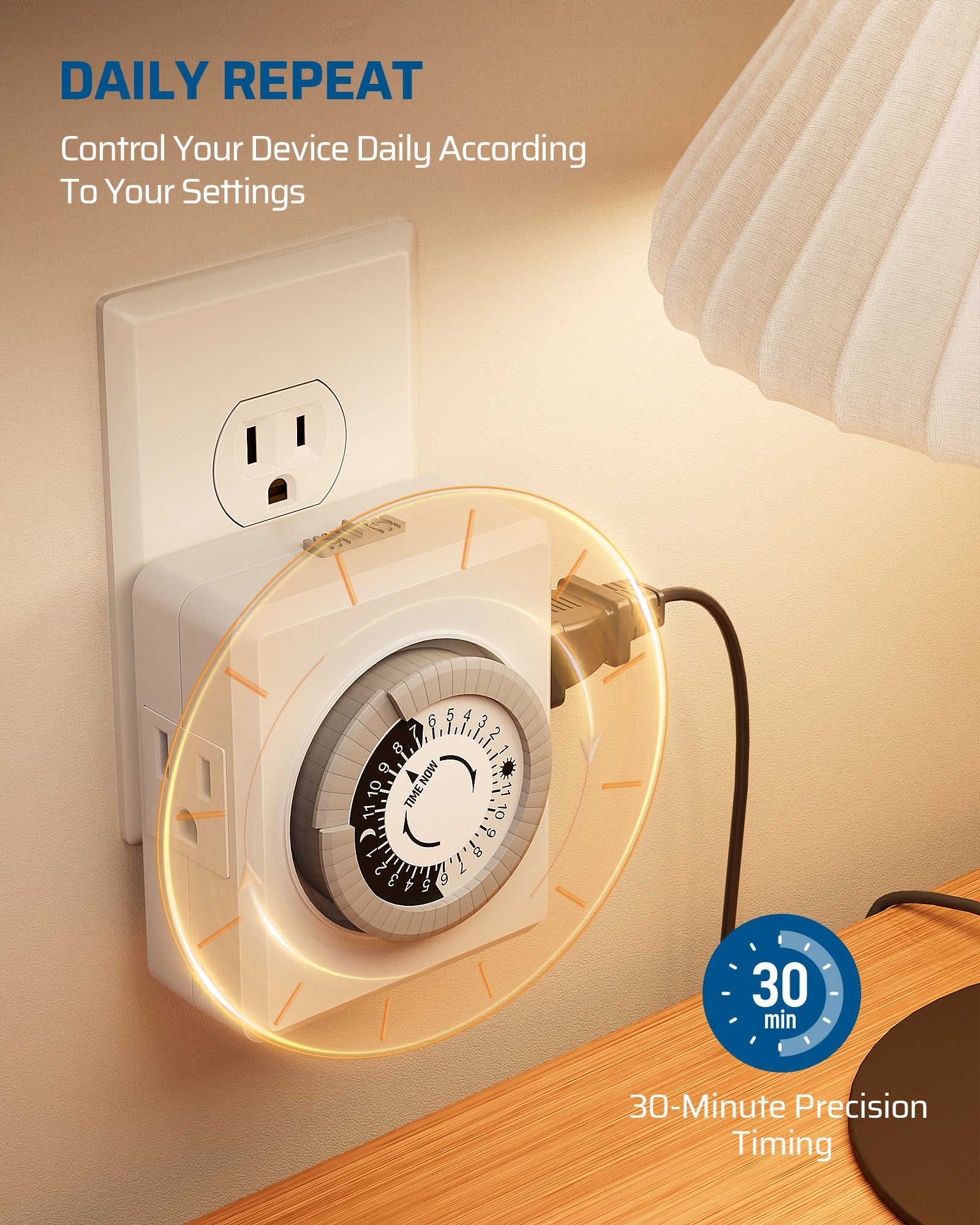 Outlet timer: Daily repeat controls your device daily according to your settings with 30-minute precision timing.