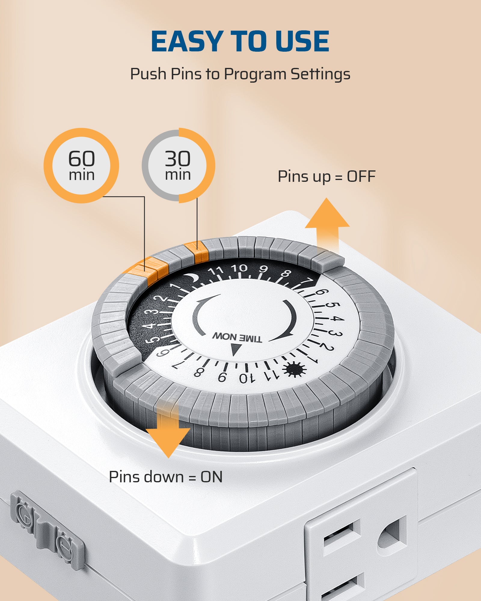 Outlet timer: Easy to use with push pins to program settings.