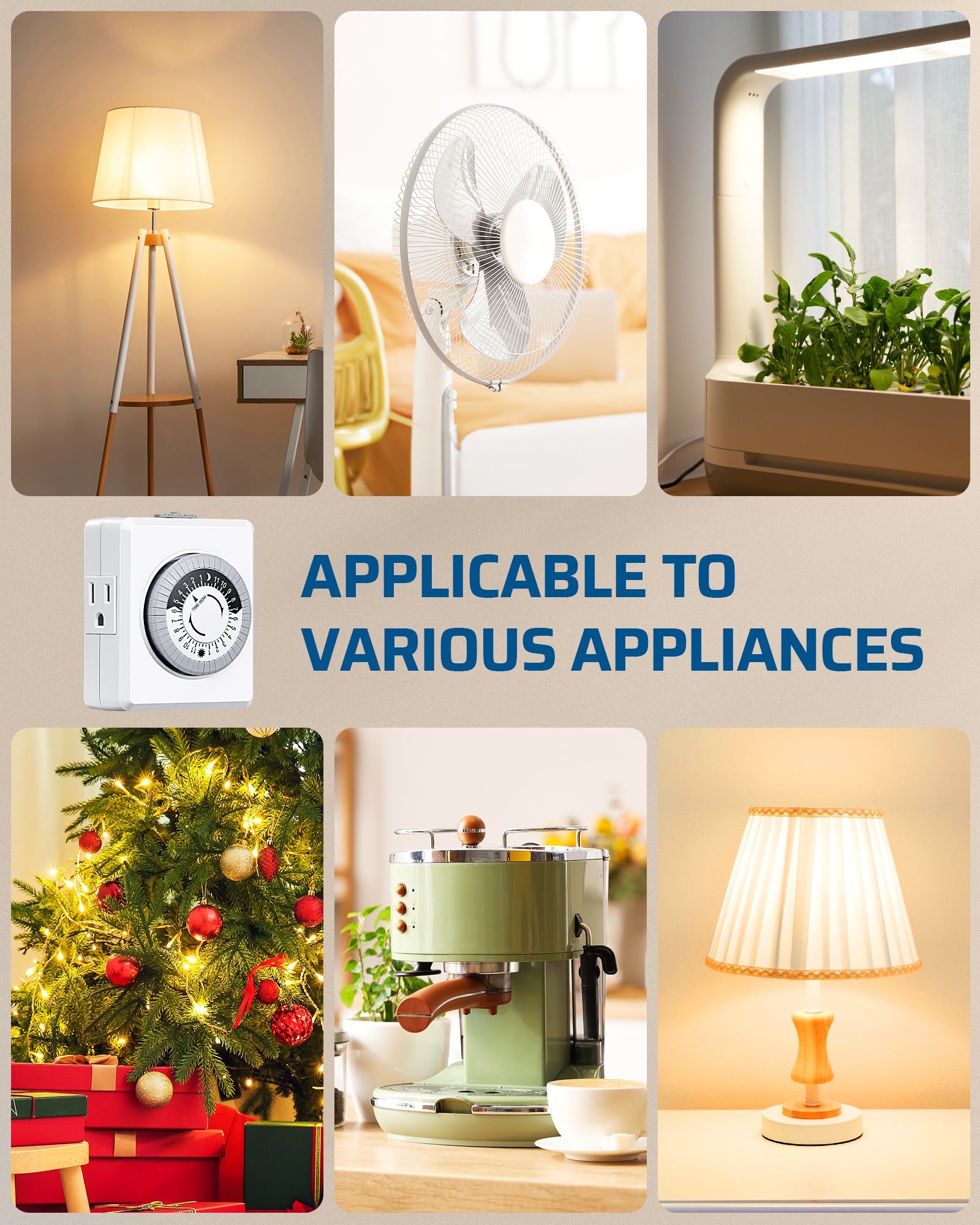 Outlet timer: Applicable to various appliances.