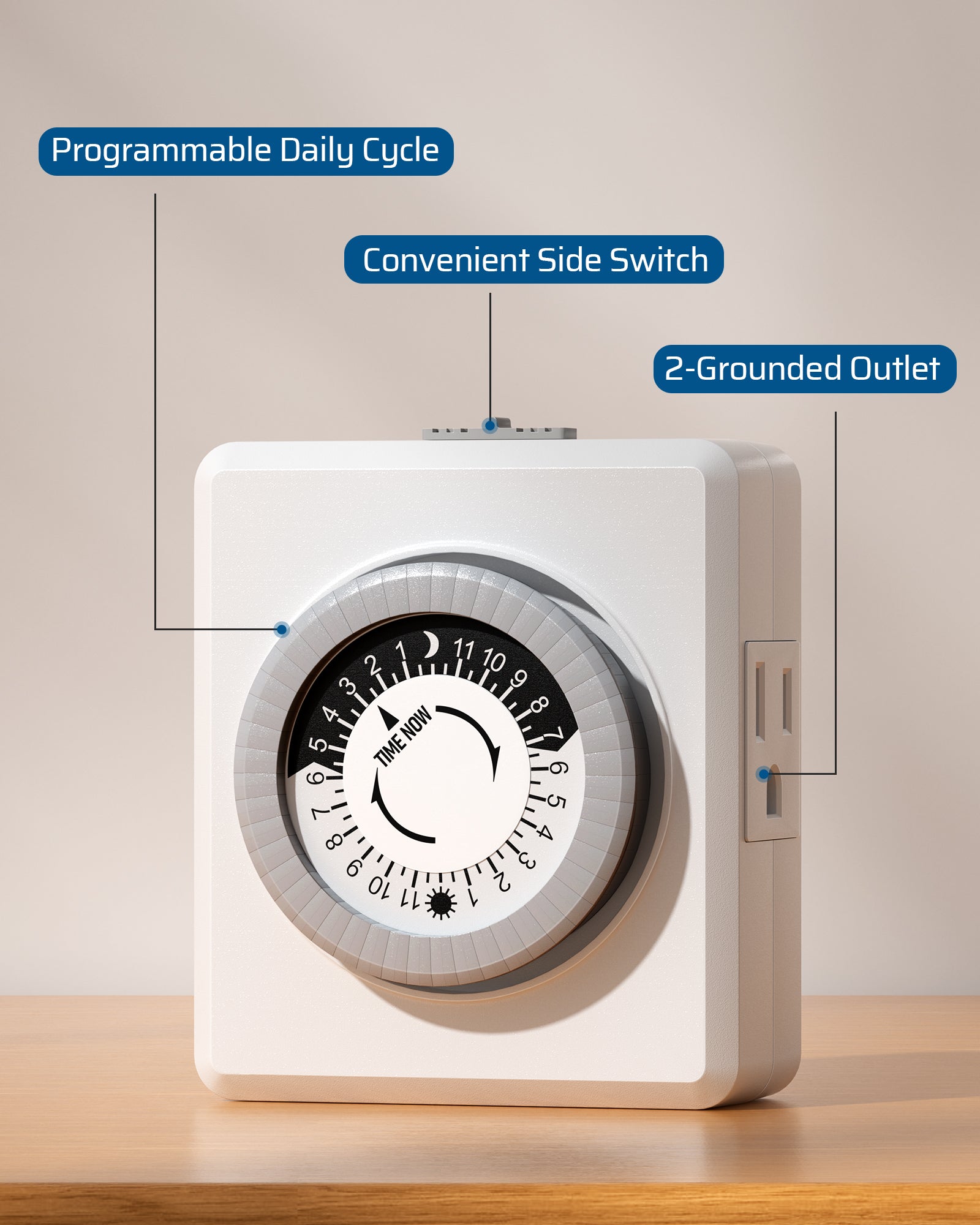 Outlet timer: Programmable daily cycle, convenient side switch, and 2-grounded outlet.