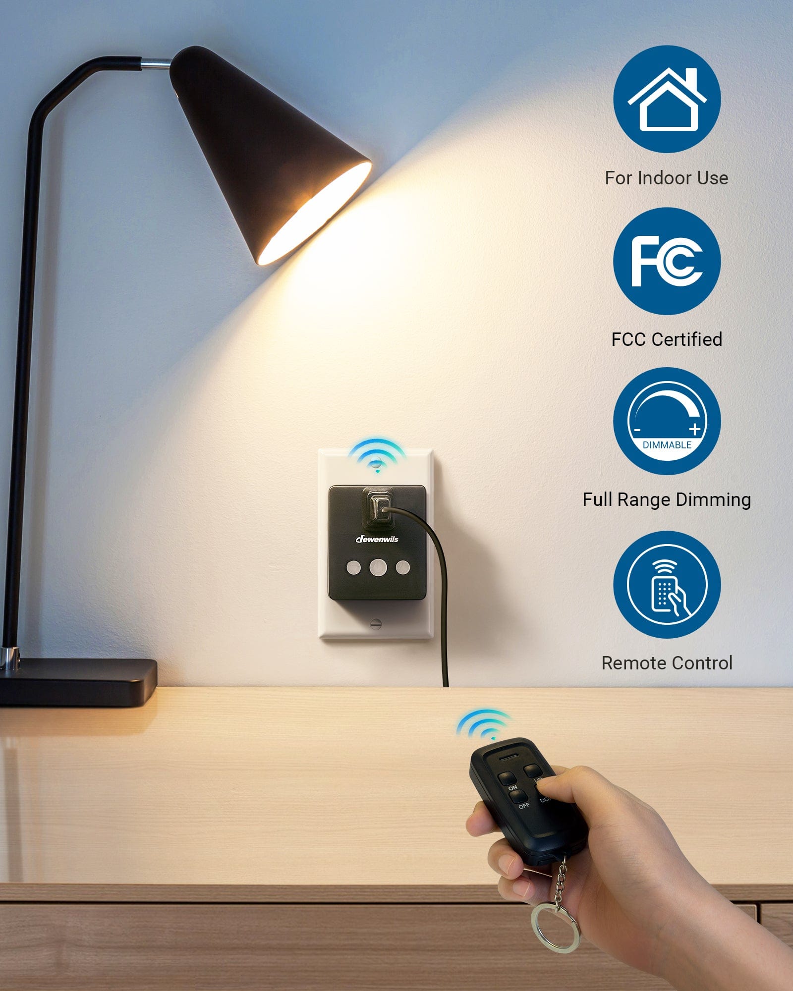 DEWENWILS Dimmer Switches for Led Lights, Remote Light Dimmer for Indoor Use, 100FT Range, Compatible with Dimmable LED/Tungsten Bulbs-HIRD01C