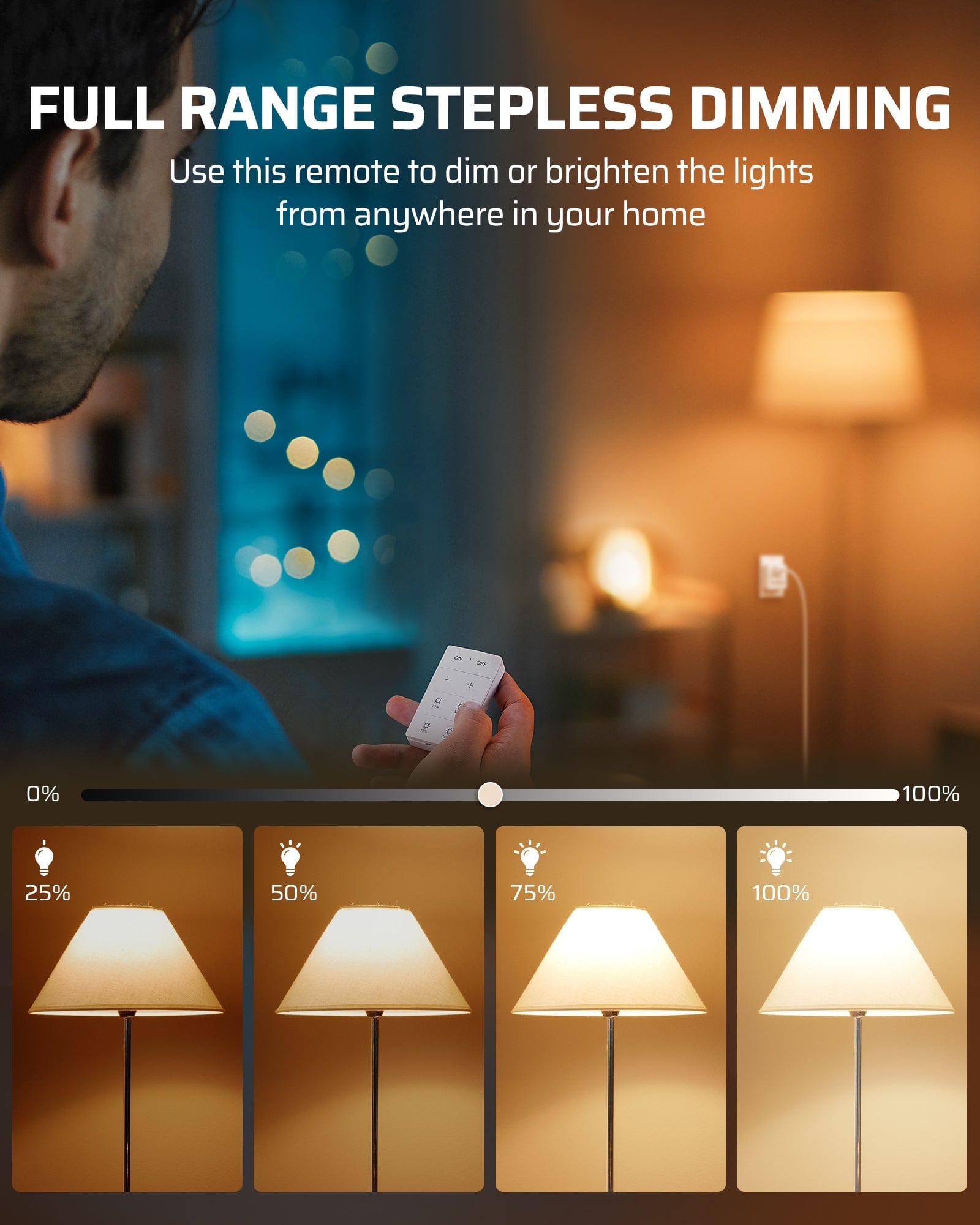 Dimmer switch provides full-range stepless dimming via remote, allowing you to easily adjust brightness from anywhere in your home for the perfect ambiance