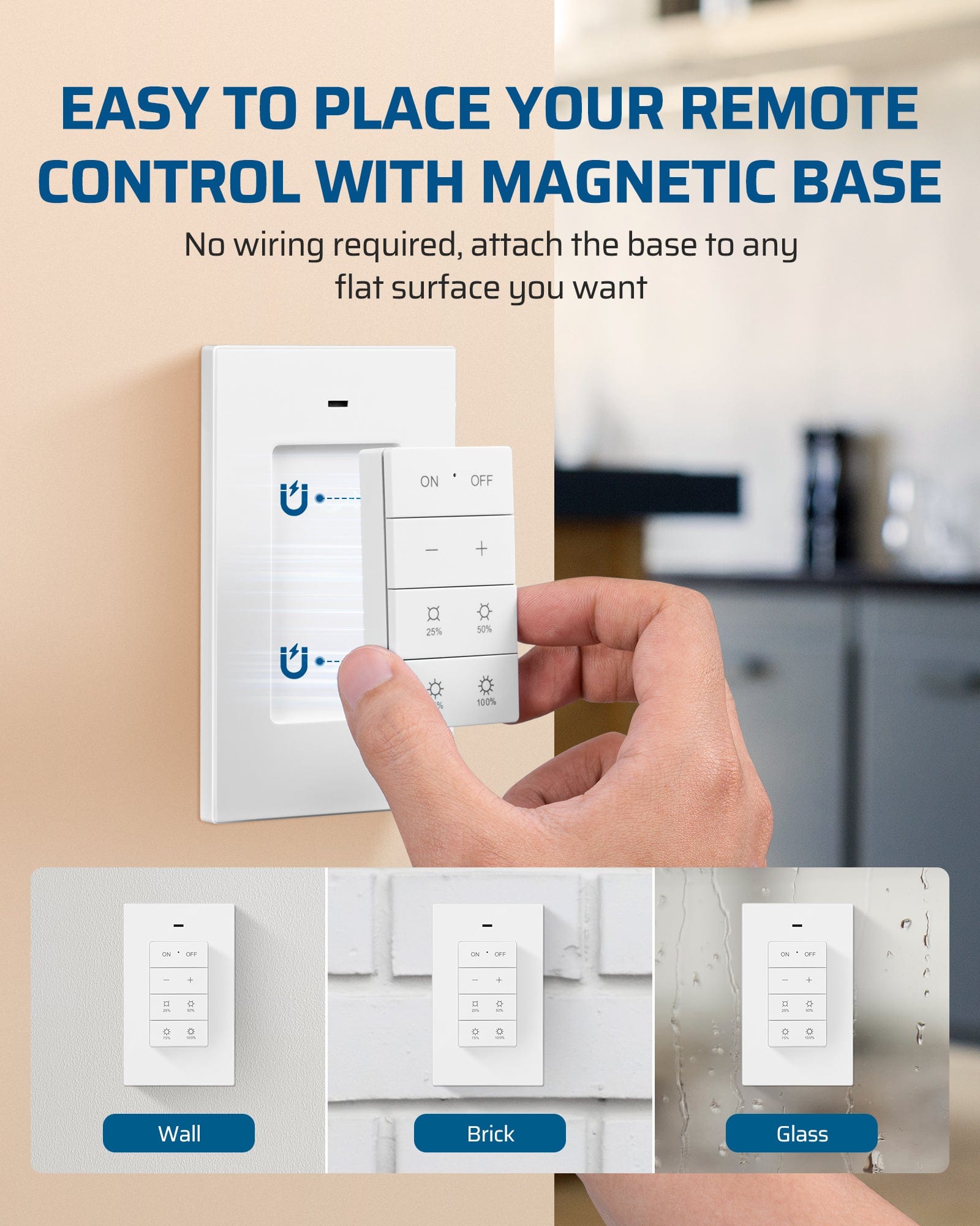Dimmer switch includes a magnetic base for the remote, allowing easy attachment to any flat surface with no wiring required for quick, flexible placement