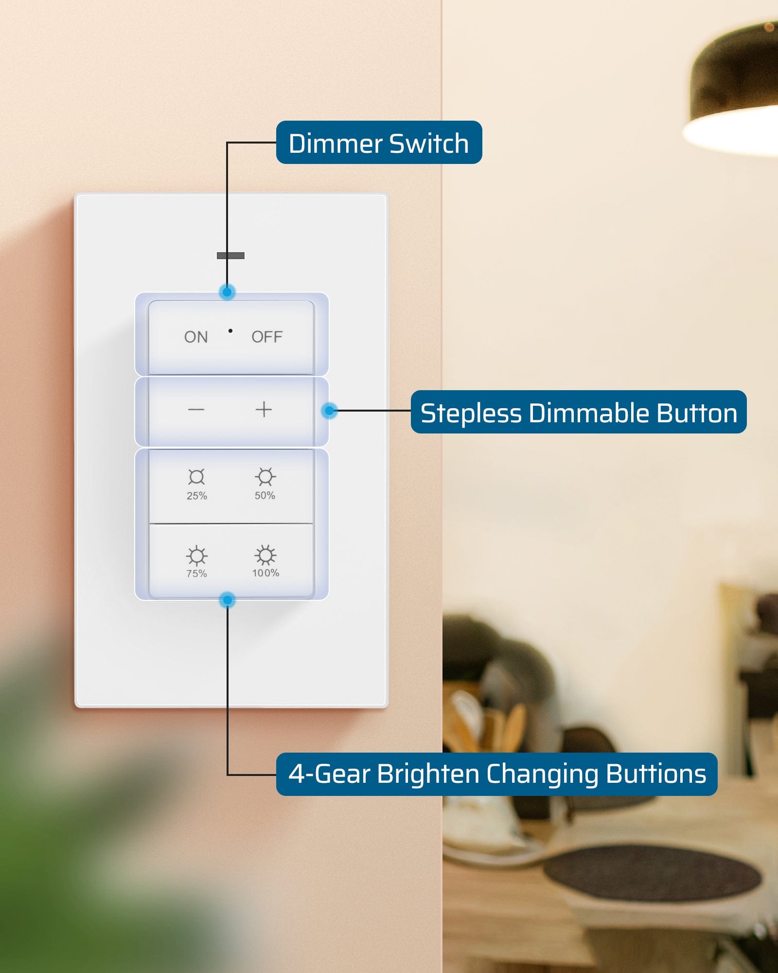 Dimmer switch features a stepless dimmable button and 4-gear brightness buttons for precise control