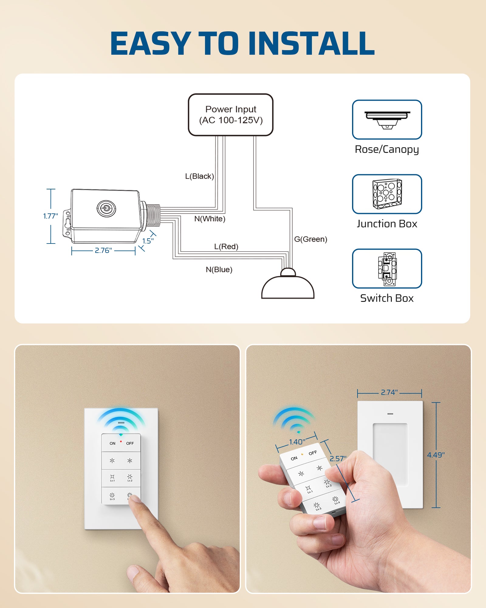 DEWENWILS Wireless Dimmer Switch Kit, Single Pole Wireless Light Switch and Receiver Kit, No Wiring, No WiFi, 15A 100FT Remote Control Switches for Outdoor Lighting, Ceiling Lights, Fans, Lamps-HIRD01F