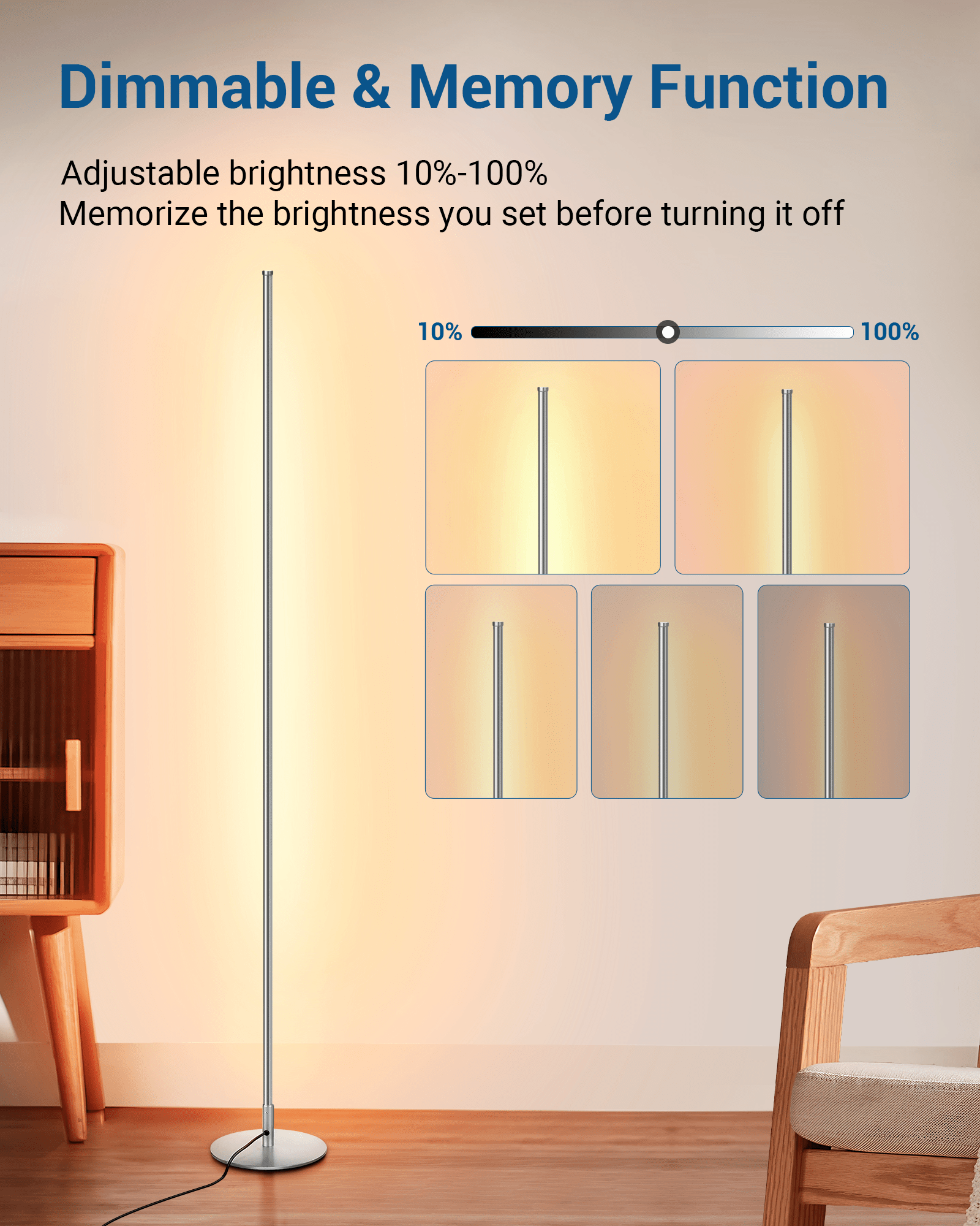 DEWENWILS LED Corner Floor Lamp, 57.5" Minimalist Dimmable Mood Lighting, Standing Tall Floor Lamp for Living Room, Bedroom, Home Office, 3000K Warm White Light (Silver)-F1HLFL02E1