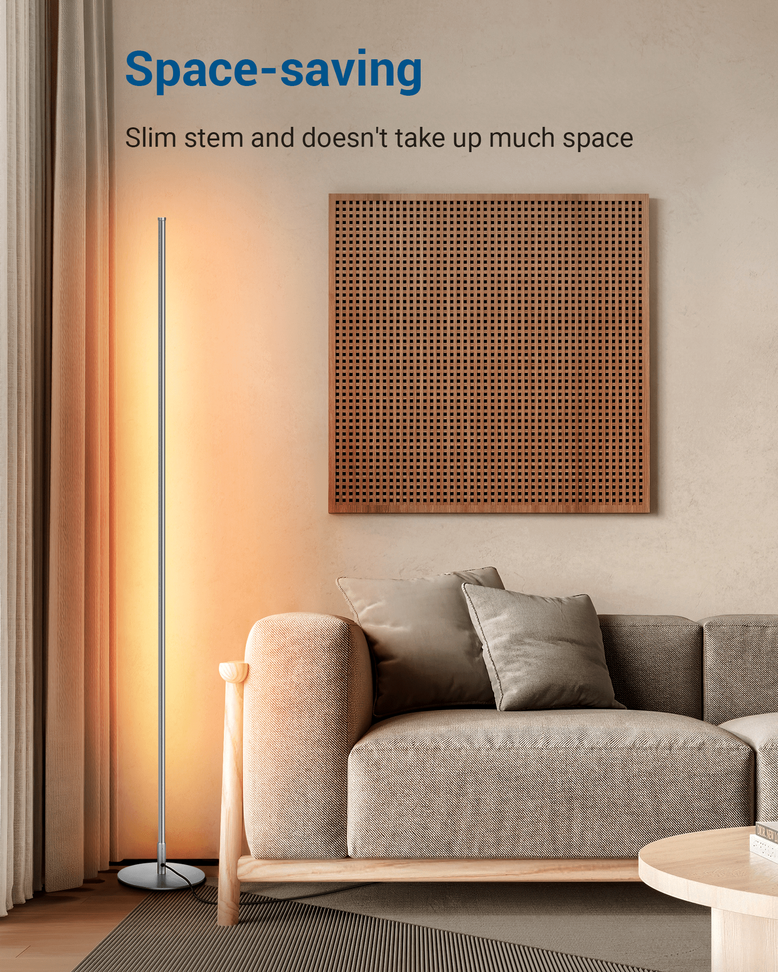 DEWENWILS LED Corner Floor Lamp, 57.5" Minimalist Dimmable Mood Lighting, Standing Tall Floor Lamp for Living Room, Bedroom, Home Office, 3000K Warm White Light (Silver)-F1HLFL02E1