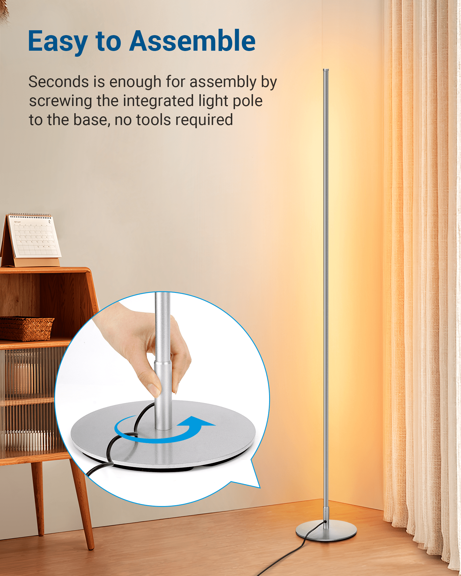 DEWENWILS LED Corner Floor Lamp, 57.5" Minimalist Dimmable Mood Lighting, Standing Tall Floor Lamp for Living Room, Bedroom, Home Office, 3000K Warm White Light (Silver)-F1HLFL02E1