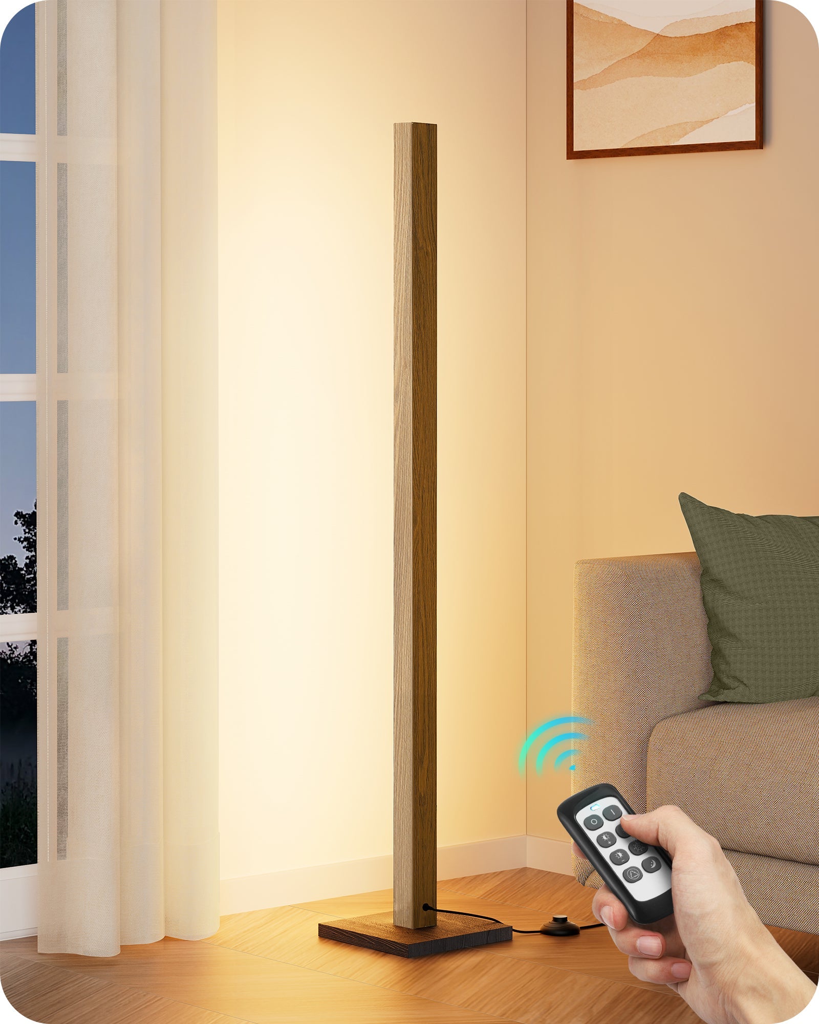 Minimalist Wooden LED Corner Floor Lamp with Remote & Stepless Dimming