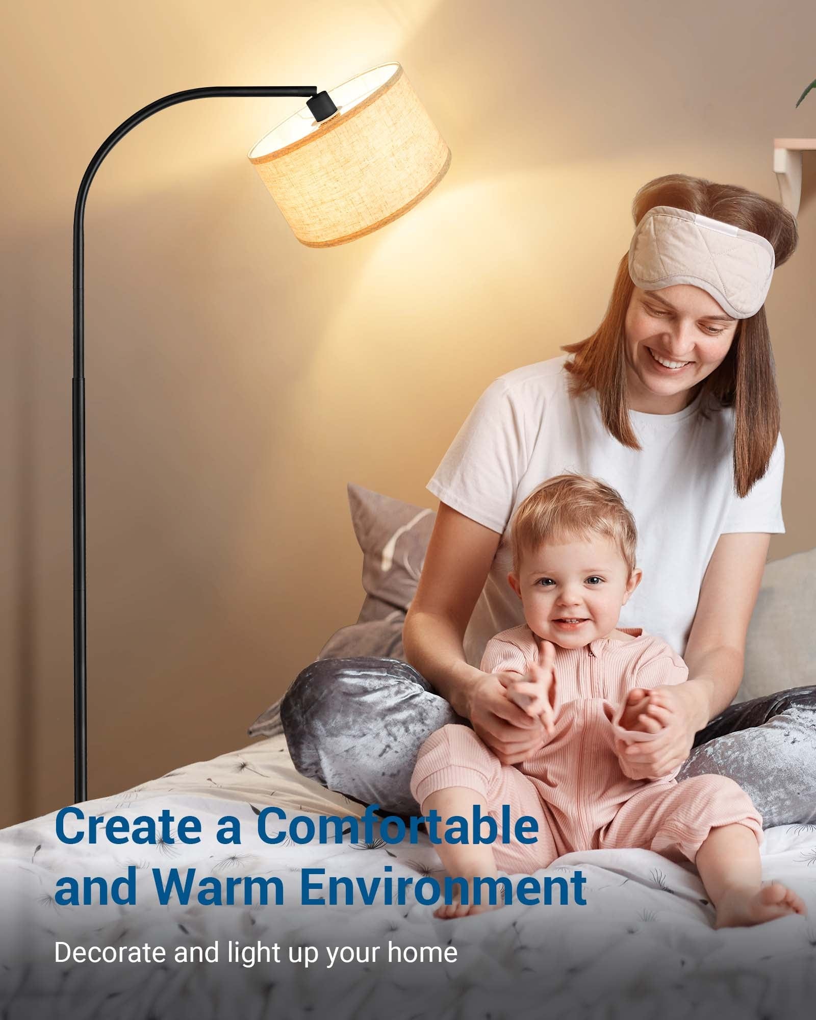 DEWENWILS Arched Floor Lamps with Adjustable Beige Line Lampshade, Standing Tall Arc Lamp for Living Room, Bedroom, Office, Simple Design Farmhouse Style (Black)-HLFL04E