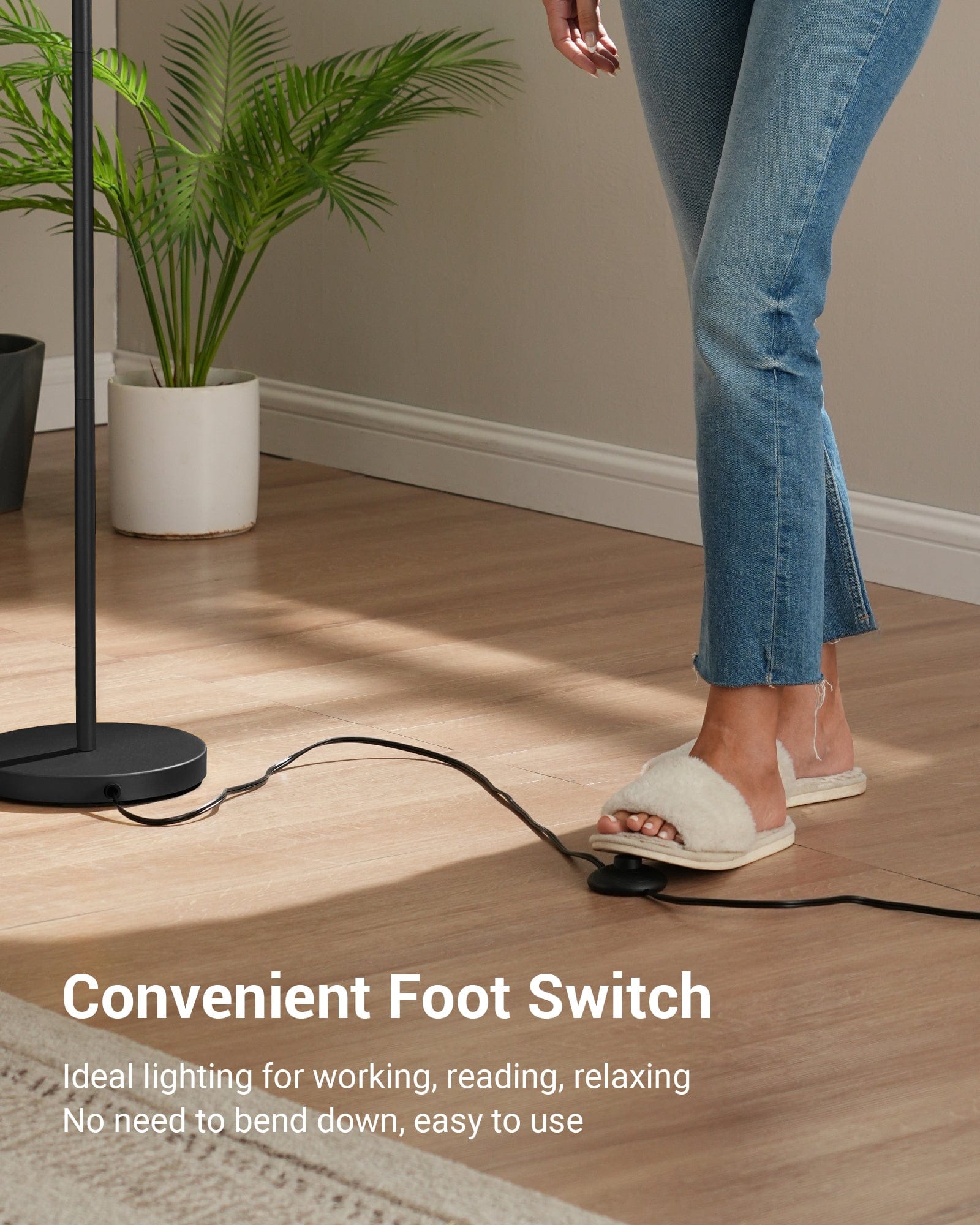 DEWENWILS Arched Floor Lamps with Adjustable Beige Line Lampshade, Standing Tall Arc Lamp for Living Room, Bedroom, Office, Simple Design Farmhouse Style (Black)-HLFL04E