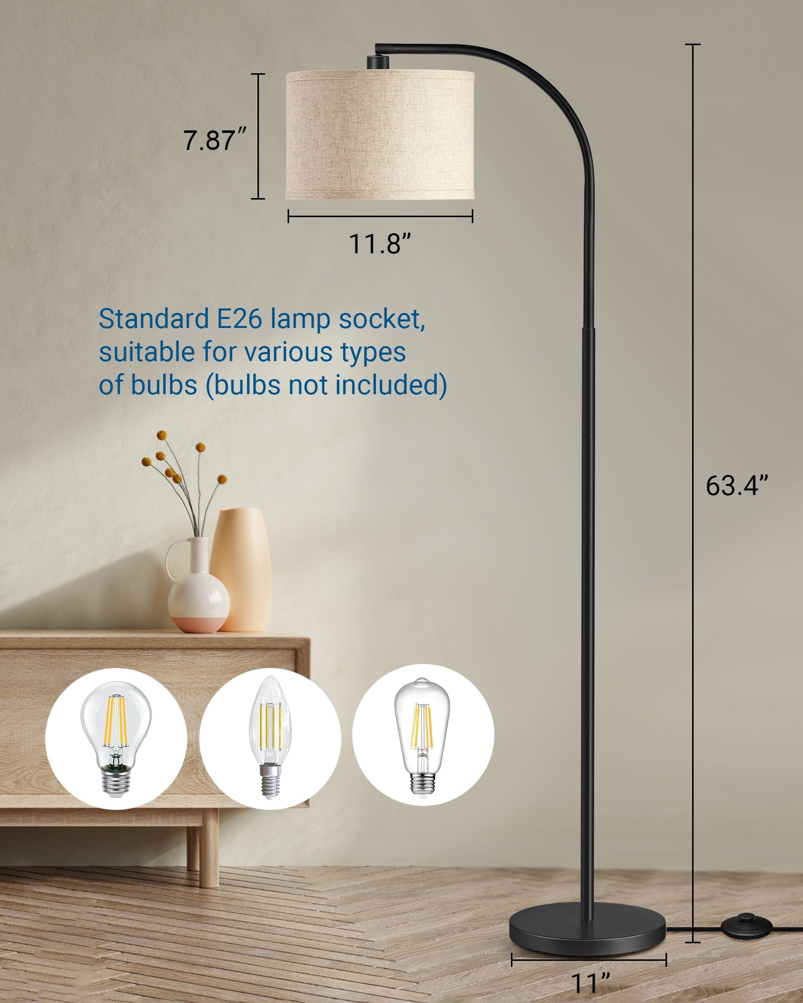 DEWENWILS Arched Floor Lamps with Adjustable Beige Line Lampshade, Standing Tall Arc Lamp for Living Room, Bedroom, Office, Simple Design Farmhouse Style (Black)-HLFL04E