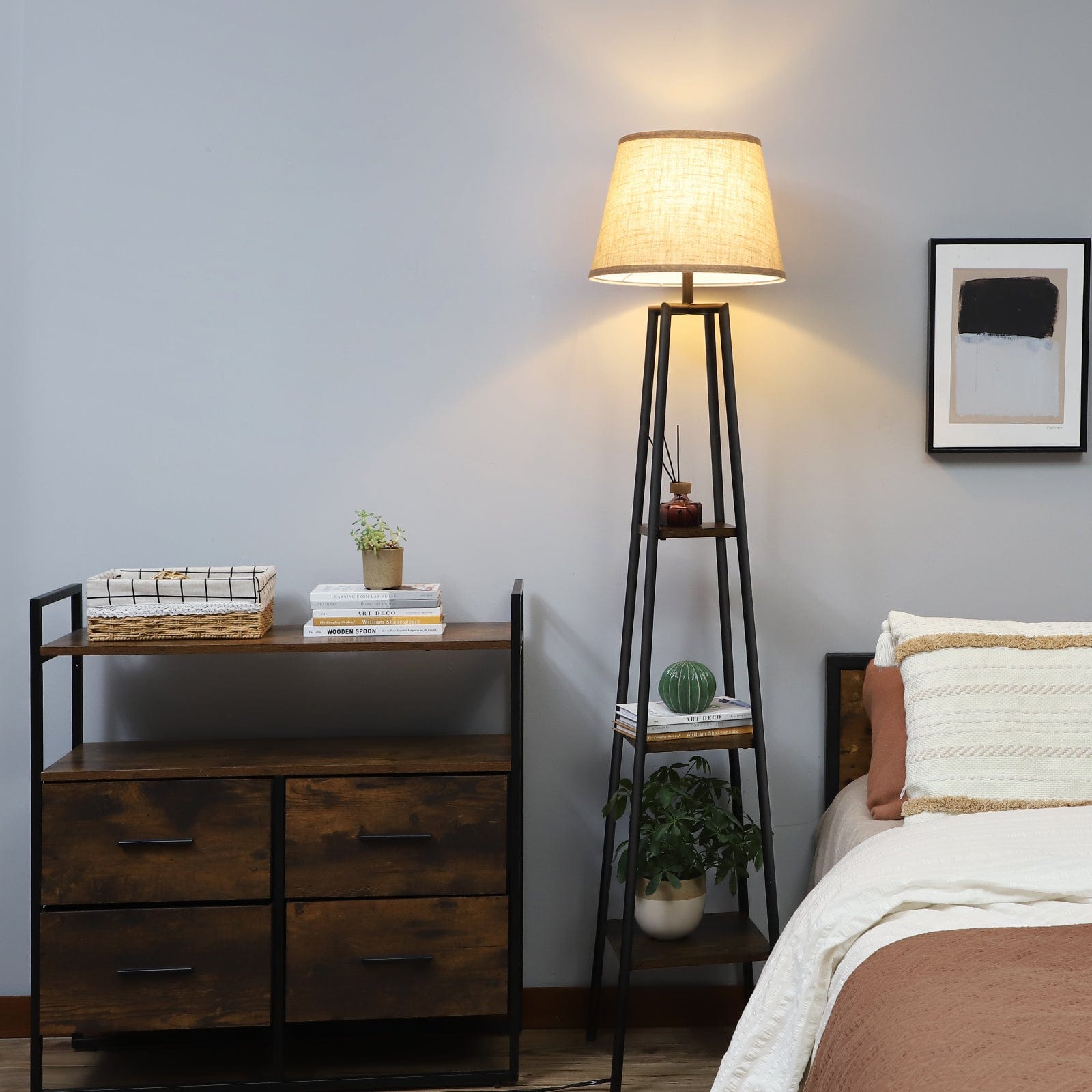 DEWENWILS Farmhouse Floor Lamp with Shelves, Wood Storage Reading Lighting with Beige Linen Lampshade, Slim Nightstand with Lamp, Farmhouse Shelf Light for Living Room, Bedroom, Office, 65 inch-HLFL06D