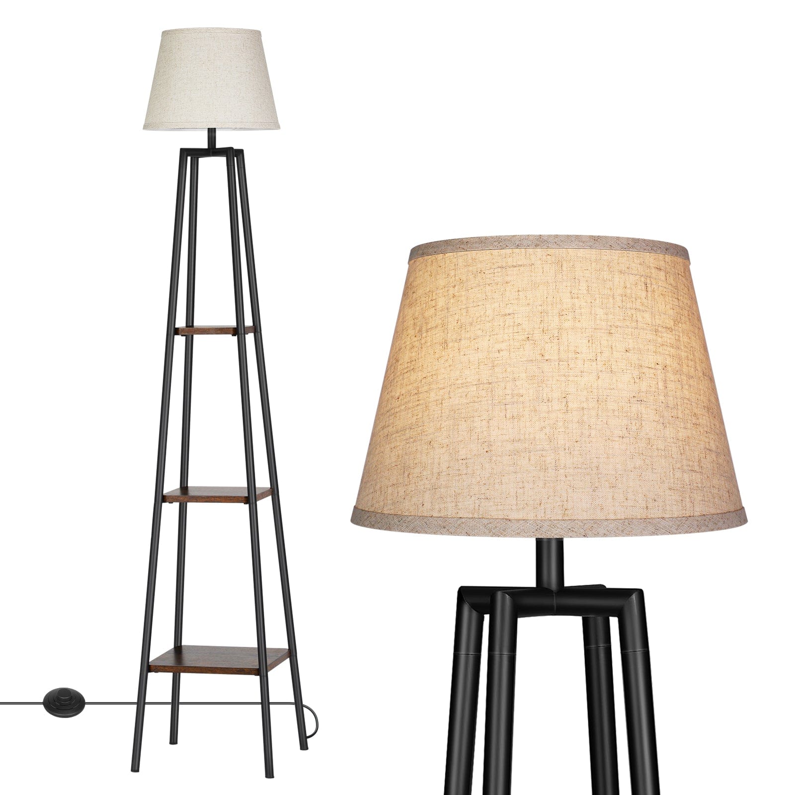DEWENWILS Farmhouse Floor Lamp with Shelves, Wood Storage Reading Lighting with Beige Linen Lampshade, Slim Nightstand with Lamp, Farmhouse Shelf Light for Living Room, Bedroom, Office, 65 inch-HLFL06D