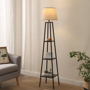 DEWENWILS Farmhouse Floor Lamp with Shelves, Wood Storage Reading Lighting with Beige Linen Lampshade, Slim Nightstand with Lamp, Farmhouse Shelf Light for Living Room, Bedroom, Office, 65 inch-HLFL06D