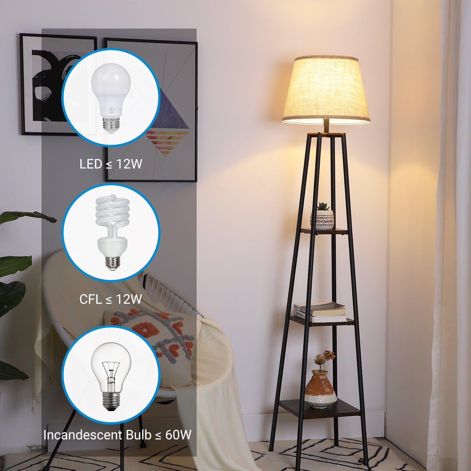 DEWENWILS Farmhouse Floor Lamp with Shelves, Wood Storage Reading Lighting with Beige Linen Lampshade, Slim Nightstand with Lamp, Farmhouse Shelf Light for Living Room, Bedroom, Office, 65 inch-HLFL06D