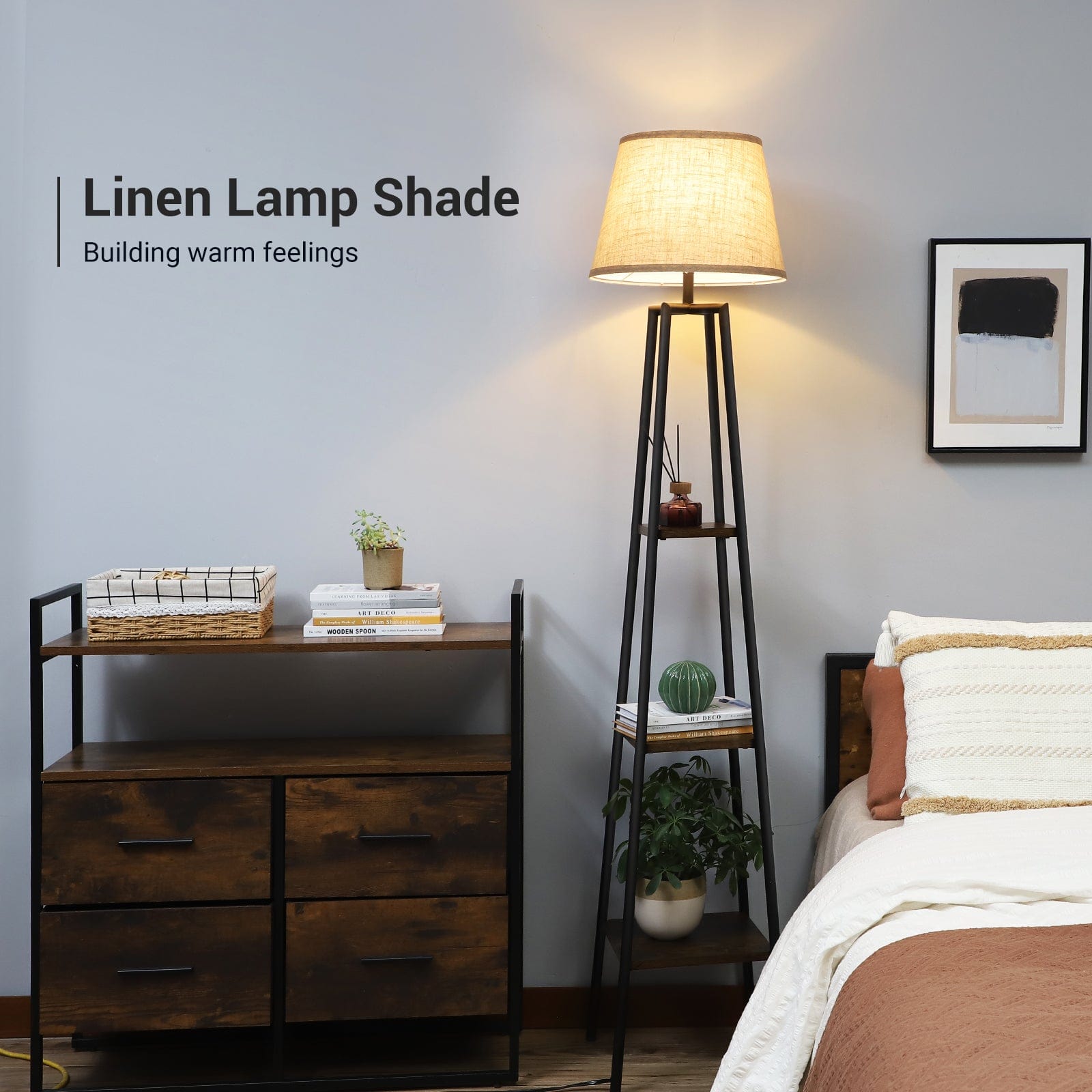 DEWENWILS Farmhouse Floor Lamp with Shelves, Wood Storage Reading Lighting with Beige Linen Lampshade, Slim Nightstand with Lamp, Farmhouse Shelf Light for Living Room, Bedroom, Office, 65 inch-HLFL06D