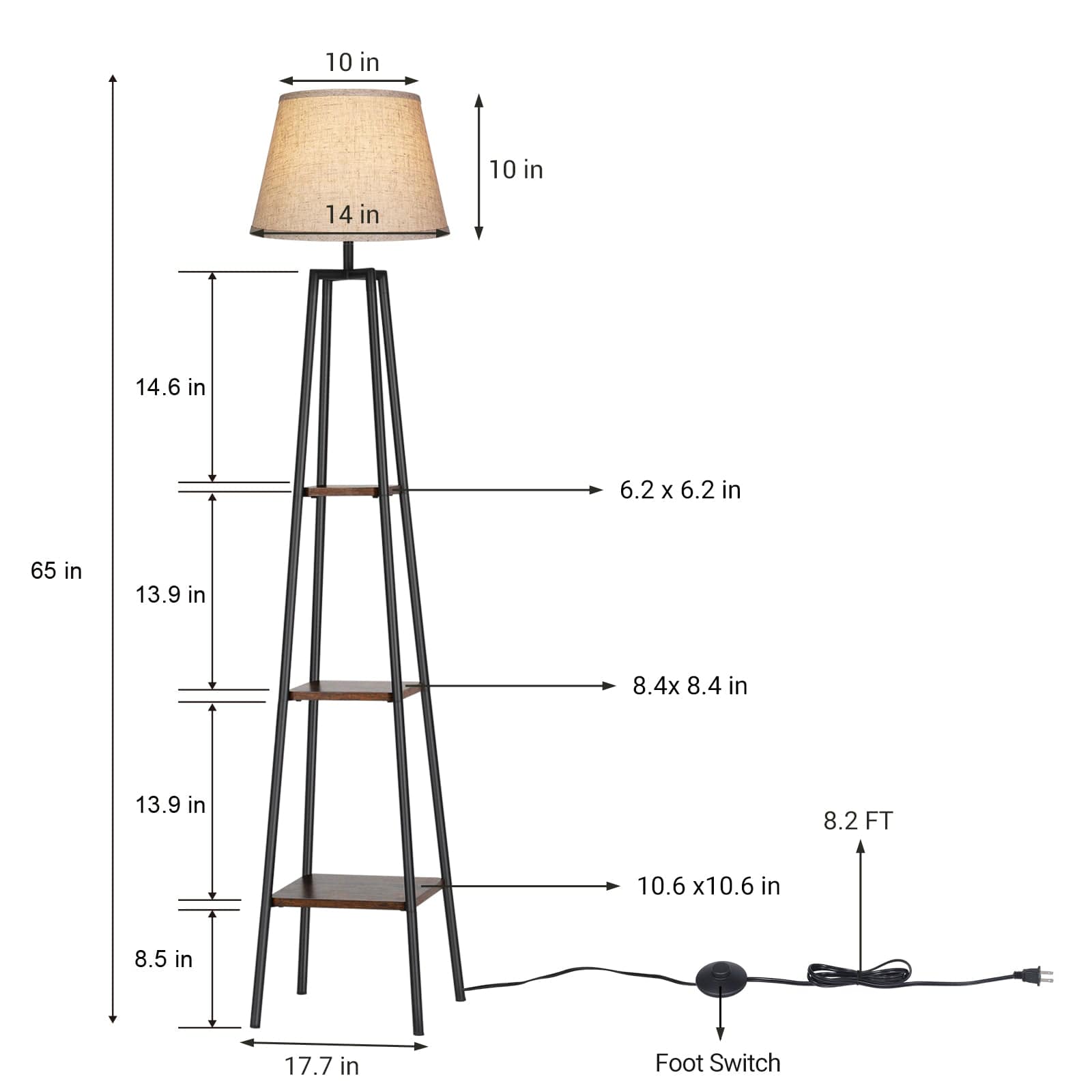 DEWENWILS Farmhouse Floor Lamp with Shelves, Wood Storage Reading Lighting with Beige Linen Lampshade, Slim Nightstand with Lamp, Farmhouse Shelf Light for Living Room, Bedroom, Office, 65 inch-HLFL06D
