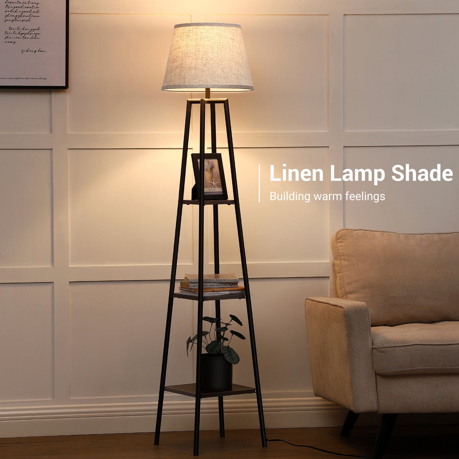 DEWENWILS Farmhouse Floor Lamp with Shelves, Wood Storage Reading Lighting with Beige Linen Lampshade, Slim Nightstand with Lamp, Farmhouse Shelf Light for Living Room, Bedroom, Office, 65 inch-HLFL06D