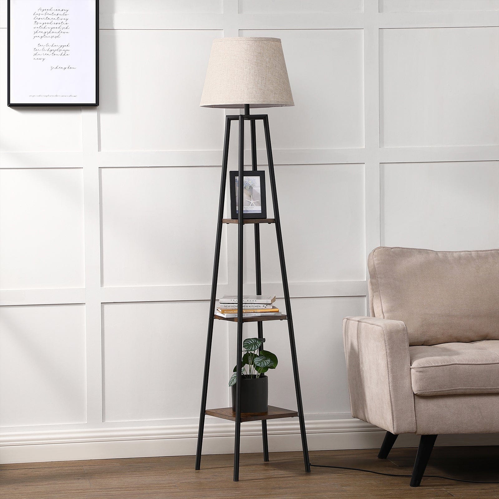 DEWENWILS Farmhouse Floor Lamp with Shelves, Wood Storage Reading Lighting with Beige Linen Lampshade, Slim Nightstand with Lamp, Farmhouse Shelf Light for Living Room, Bedroom, Office, 65 inch-HLFL06D