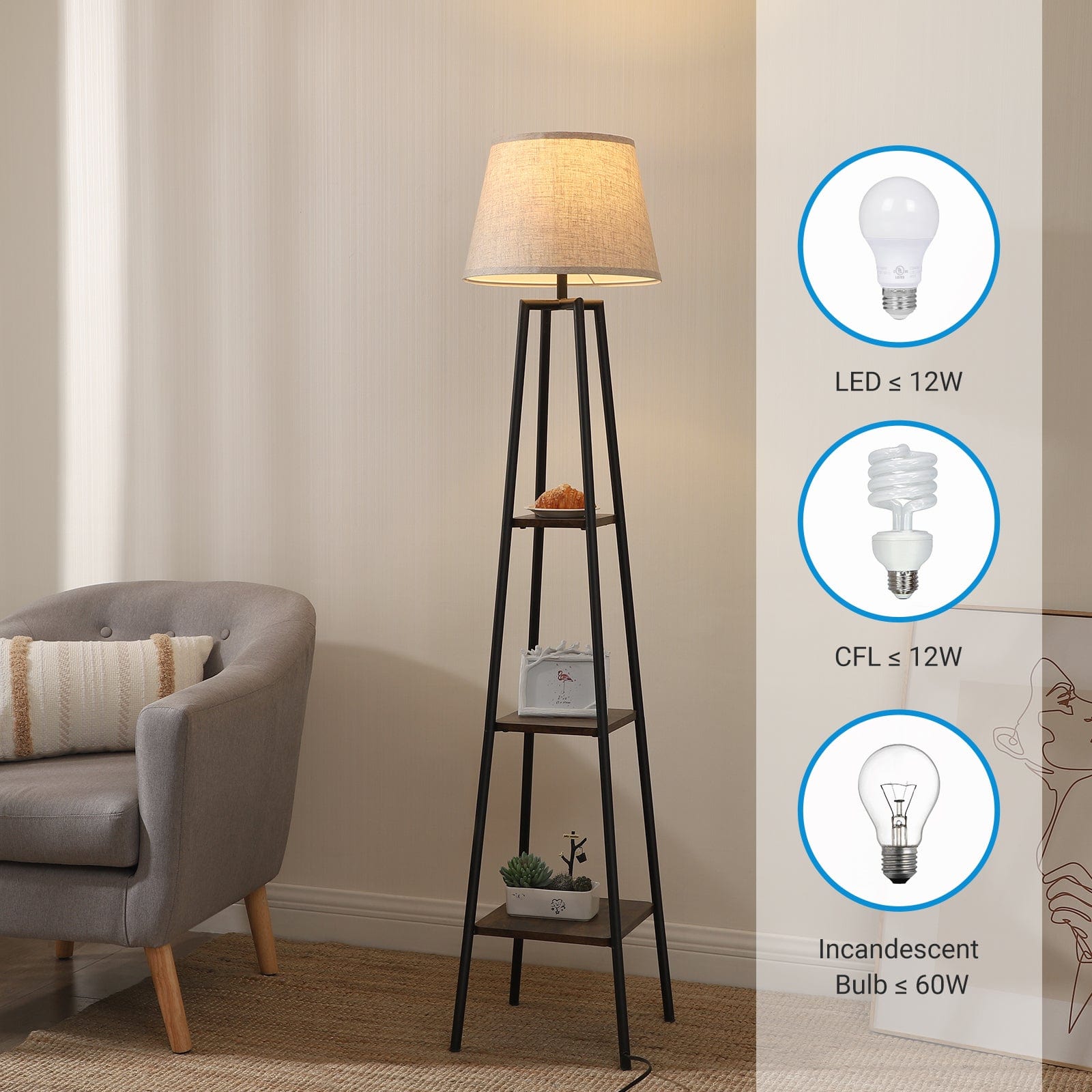 DEWENWILS Farmhouse Floor Lamp with Shelves, Wood Storage Reading Lighting with Beige Linen Lampshade, Slim Nightstand with Lamp, Farmhouse Shelf Light for Living Room, Bedroom, Office, 65 inch-HLFL06D