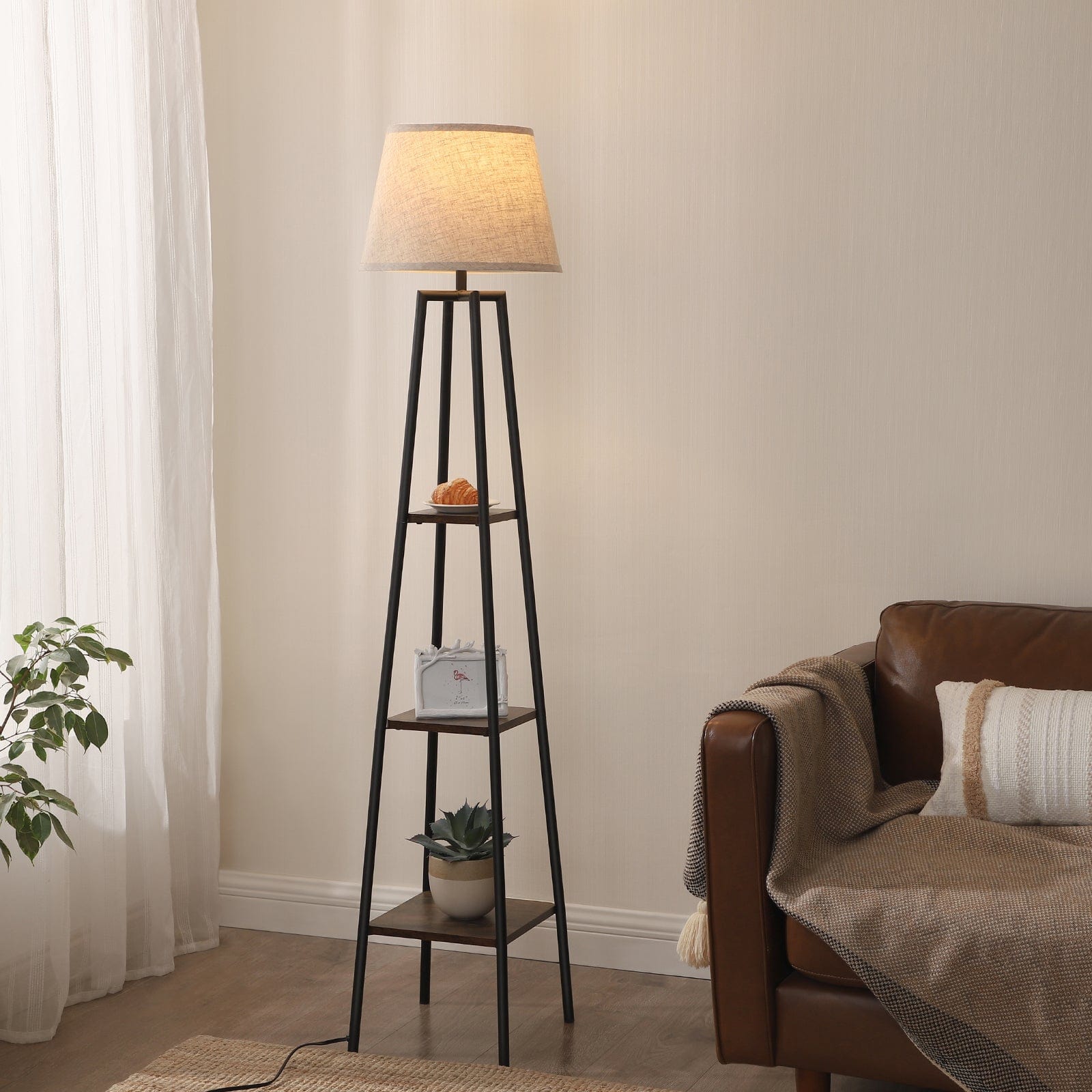 DEWENWILS Farmhouse Floor Lamp with Shelves, Wood Storage Reading Lighting with Beige Linen Lampshade, Slim Nightstand with Lamp, Farmhouse Shelf Light for Living Room, Bedroom, Office, 65 inch-HLFL06D
