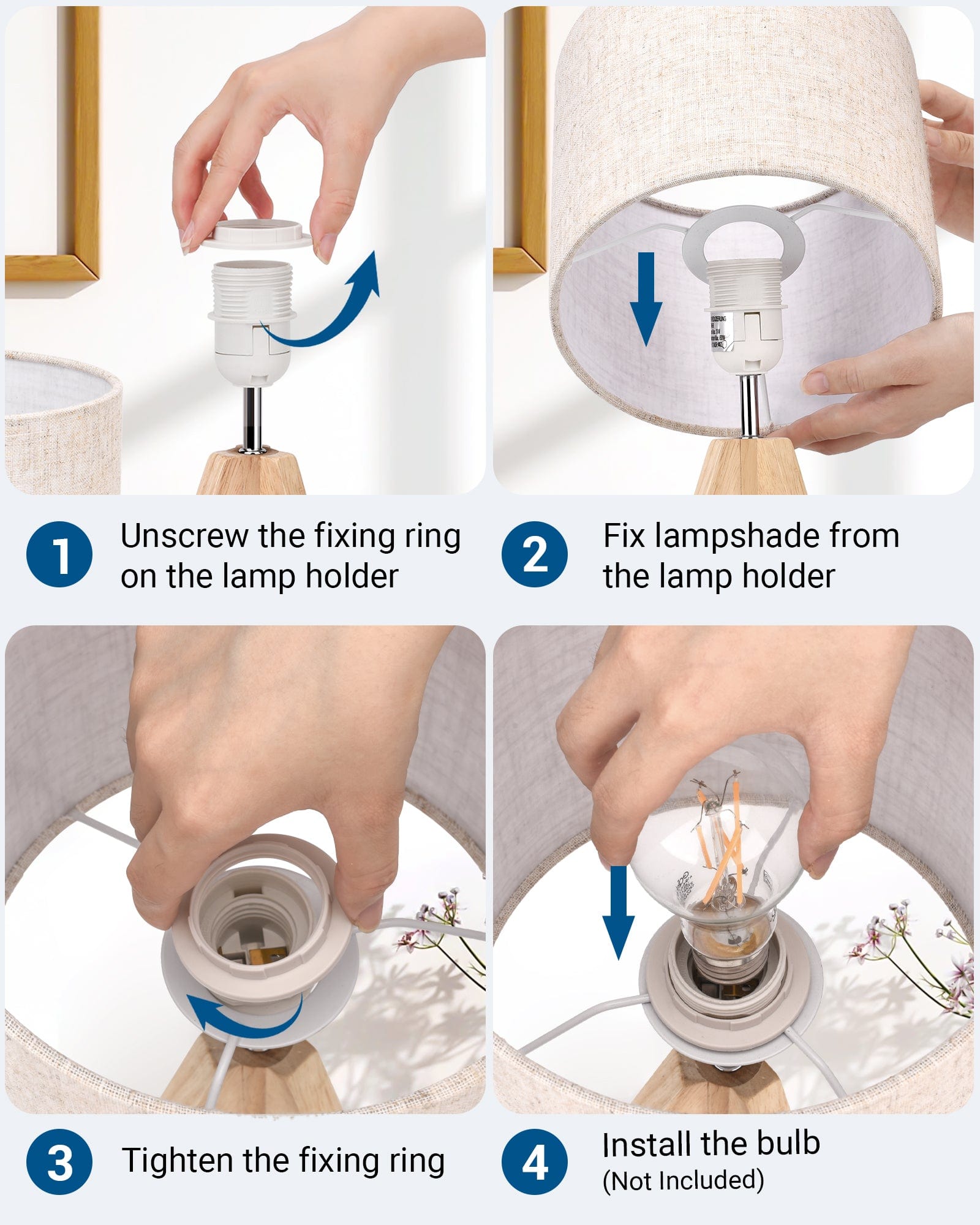 DEWENWILS 14.2 inches Bedside Table Lamp, Tripod Table Lamp Wood with Linen Fabric Shade, Small Nightstand Lamp for Nursery, Bedroom, Kids Room, Side Table, Reading Desk, ON/Off Switch-HLTL05D