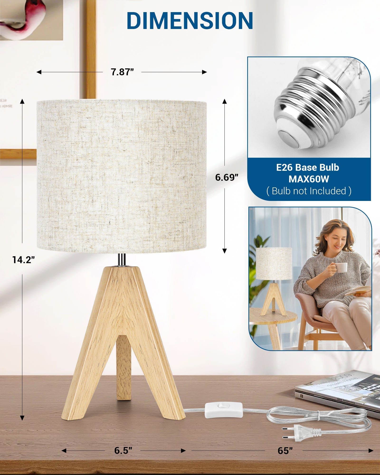 DEWENWILS 14.2 inches Bedside Table Lamp, Tripod Table Lamp Wood with Linen Fabric Shade, Small Nightstand Lamp for Nursery, Bedroom, Kids Room, Side Table, Reading Desk, ON/Off Switch-HLTL05D