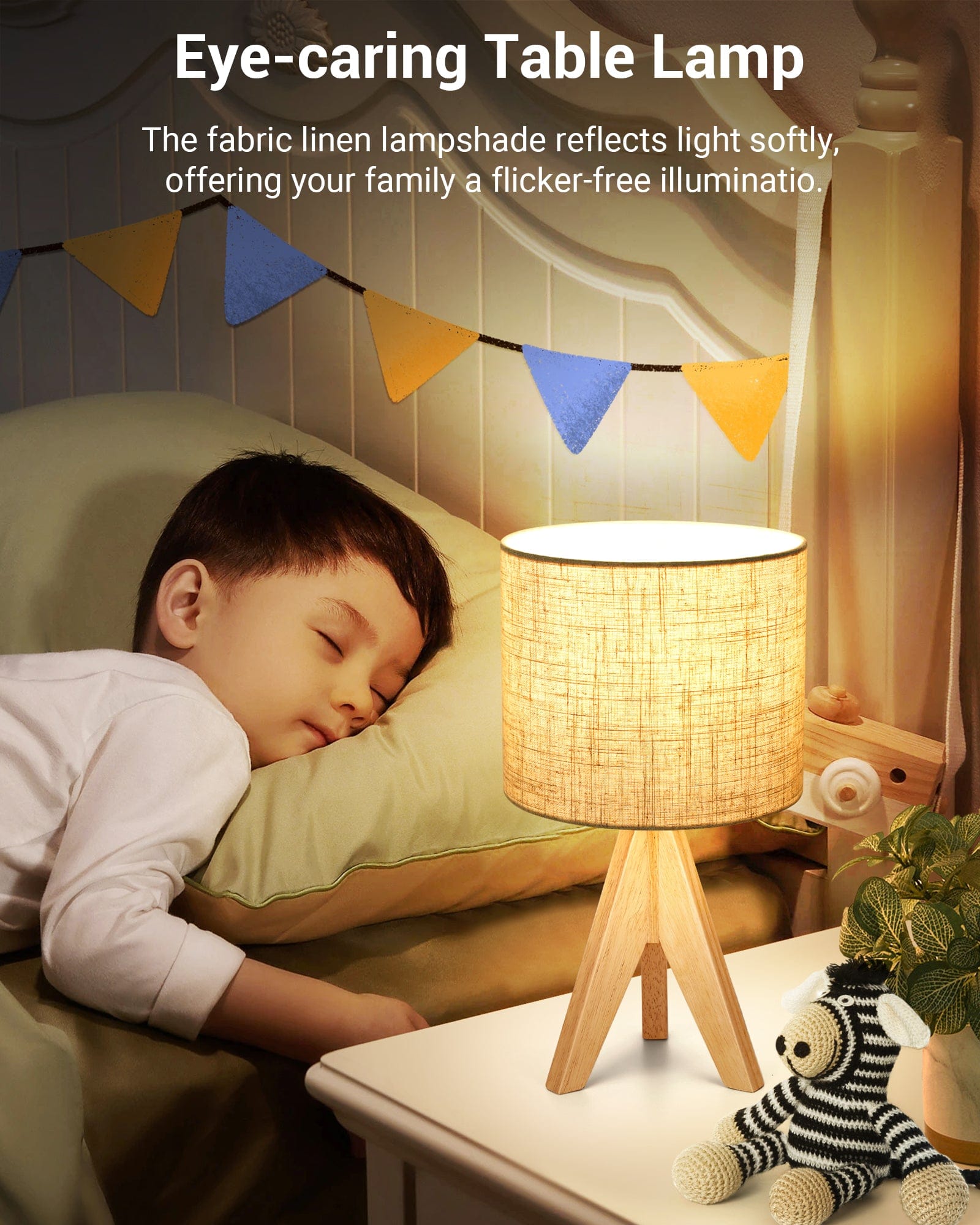 DEWENWILS 14.2 inches Bedside Table Lamp, Tripod Table Lamp Wood with Linen Fabric Shade, Small Nightstand Lamp for Nursery, Bedroom, Kids Room, Side Table, Reading Desk, ON/Off Switch-HLTL05D