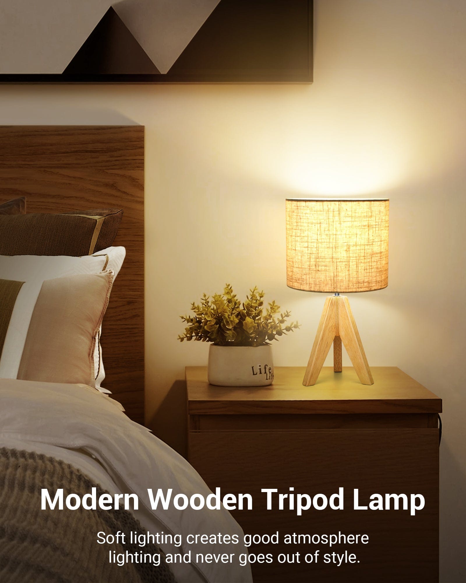 DEWENWILS 14.2 inches Bedside Table Lamp, Tripod Table Lamp Wood with Linen Fabric Shade, Small Nightstand Lamp for Nursery, Bedroom, Kids Room, Side Table, Reading Desk, ON/Off Switch-HLTL05D
