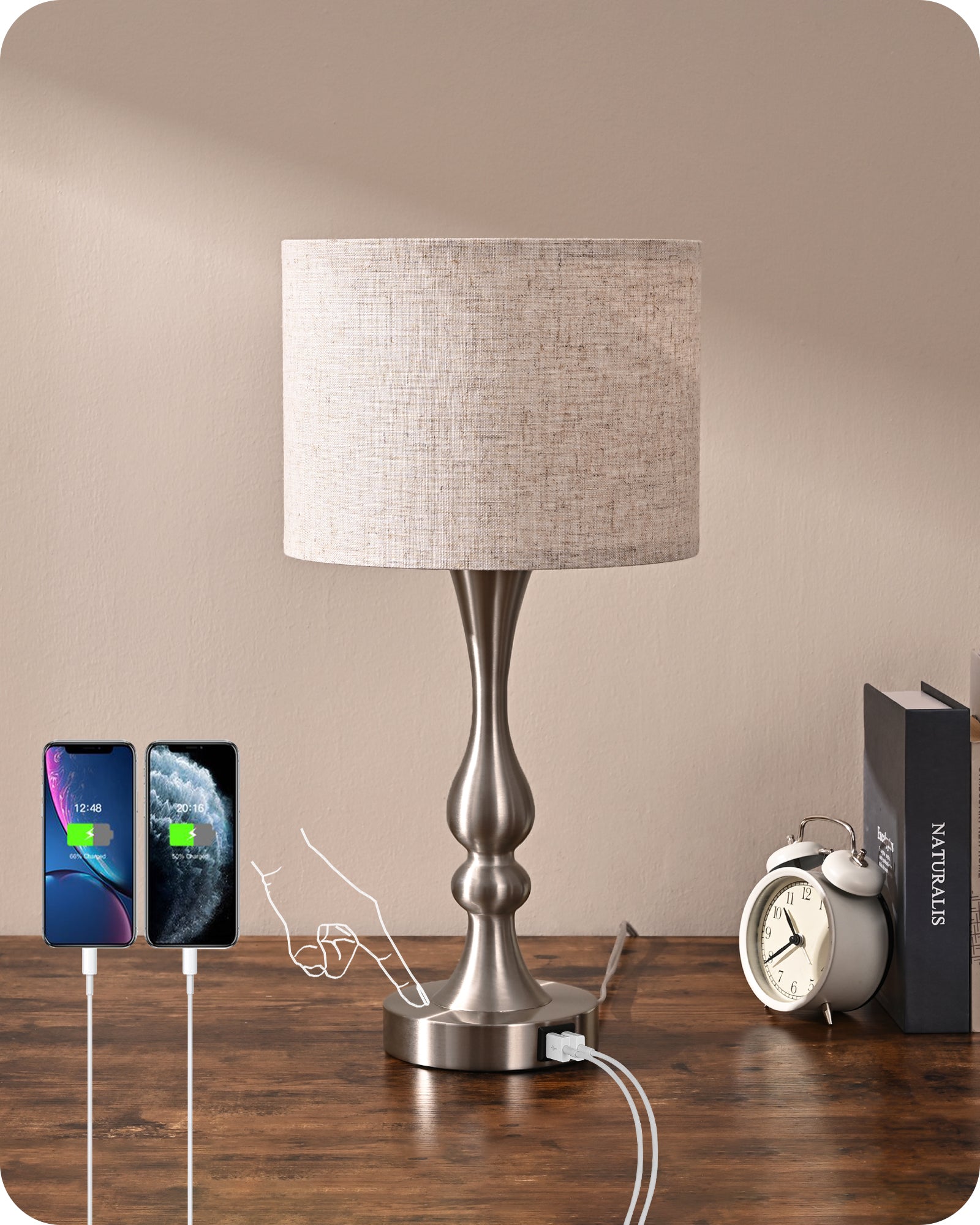 DEWENWILS Touch Control Table Lamp with 2 USB Ports, 3 Way Dimmable Bedside Lamp, Modern Table Lamp for Living Room, Bedroom, Office, Linen lampshade, 20.7 * 10.6in, 4W 3000K Bulb Include-WHLTL06A