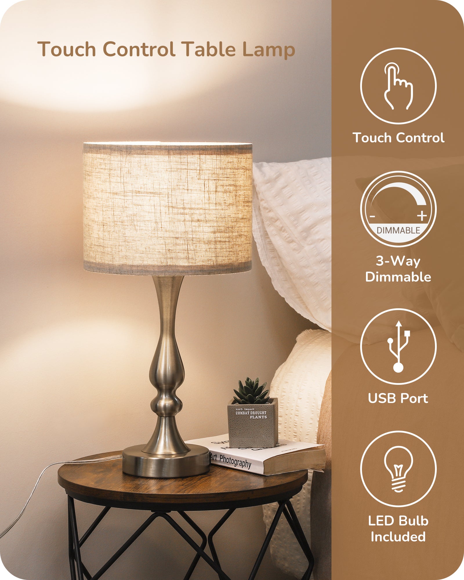DEWENWILS Touch Control Table Lamp with 2 USB Ports, 3 Way Dimmable Bedside Lamp, Modern Table Lamp for Living Room, Bedroom, Office, Linen lampshade, 20.7 * 10.6in, 4W 3000K Bulb Include-WHLTL06A