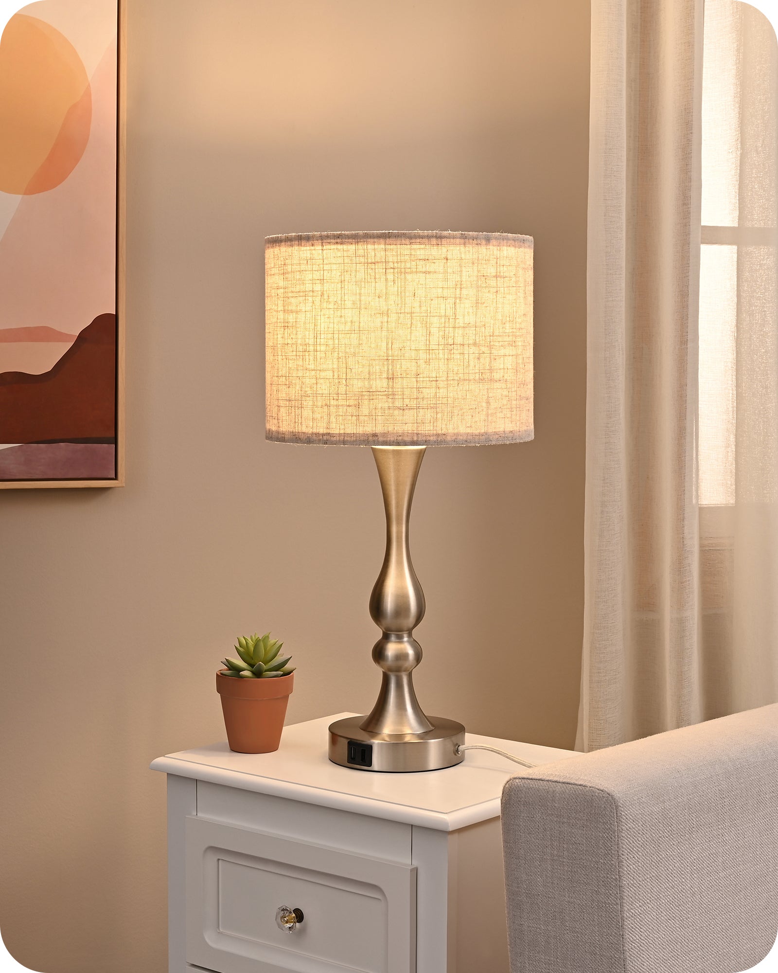 DEWENWILS Touch Control Table Lamp with 2 USB Ports, 3 Way Dimmable Bedside Lamp, Modern Table Lamp for Living Room, Bedroom, Office, Linen lampshade, 20.7 * 10.6in, 4W 3000K Bulb Include-WHLTL06A