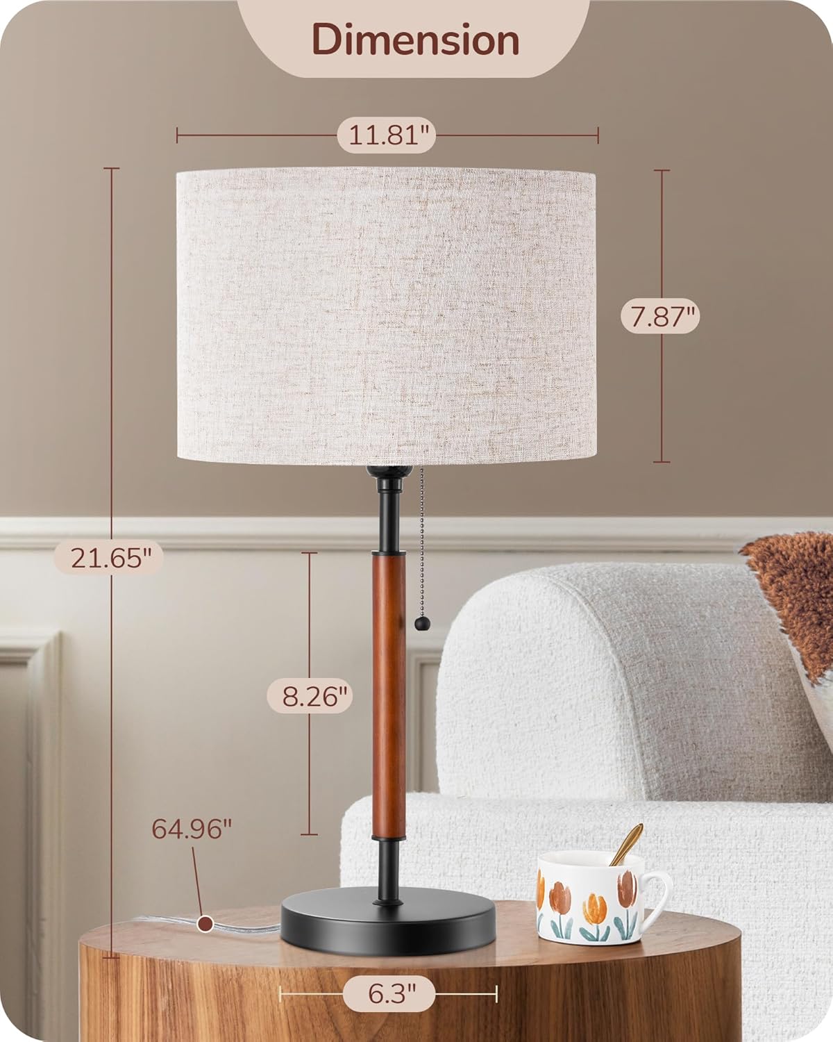 Mid-Century Solid Wood Table Lamps with Pull-Chain - Set of 2 (Black)