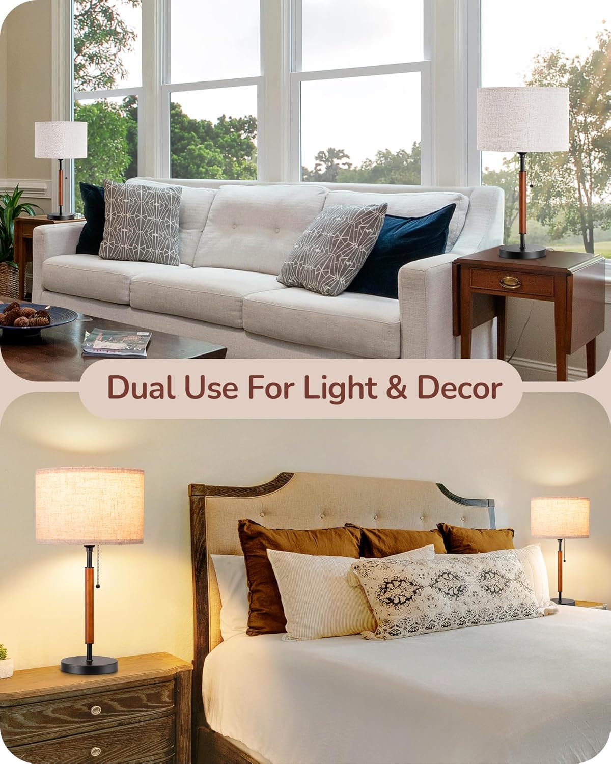 Mid-Century Solid Wood Table Lamps with Pull-Chain - Set of 2 (Black)