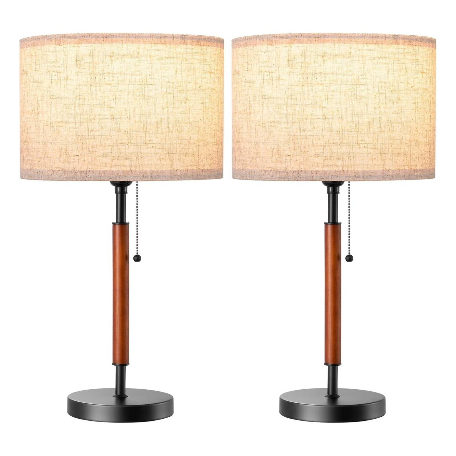 Mid-Century Solid Wood Table Lamps with Pull-Chain - Set of 2 (Black)