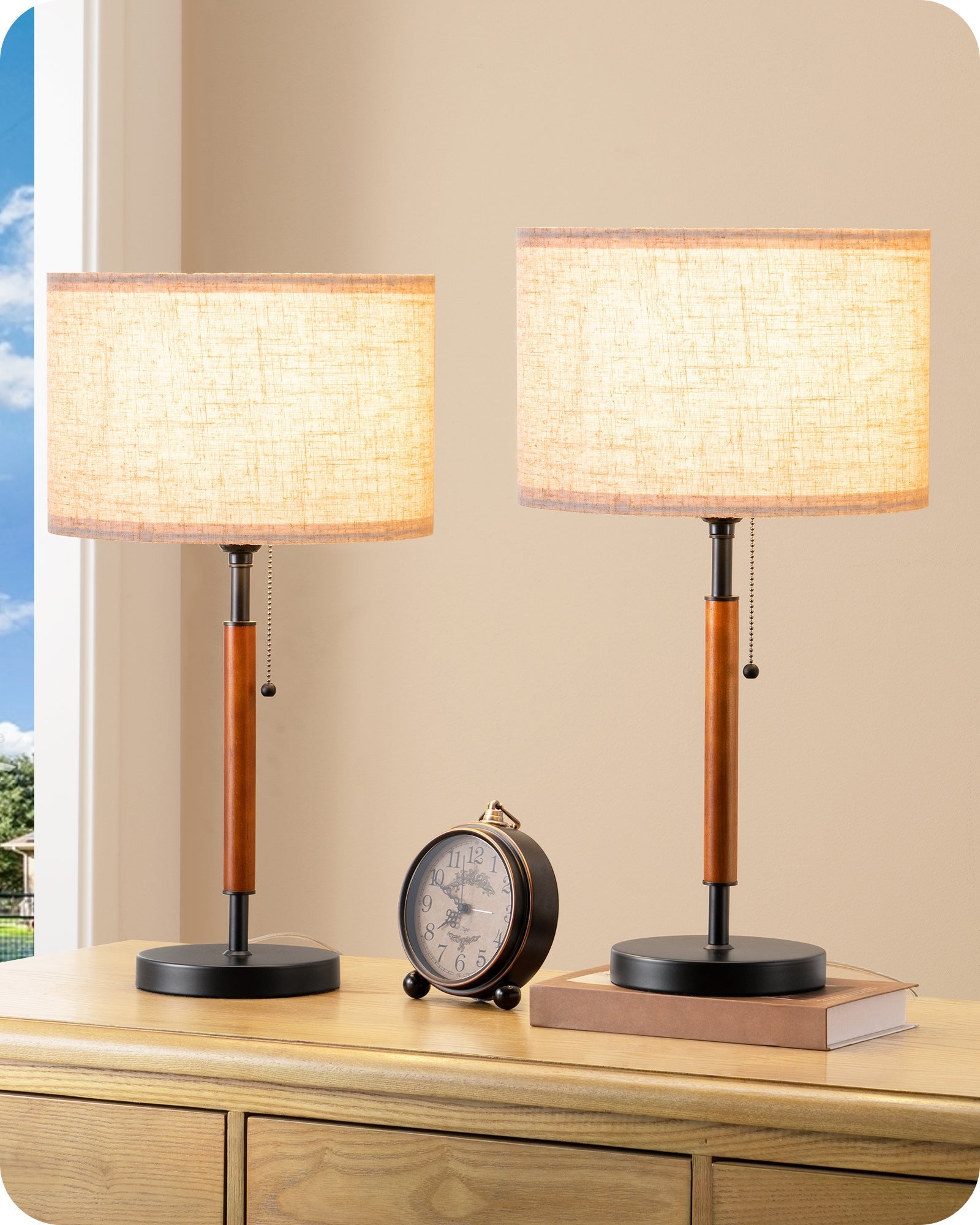 Mid-Century Solid Wood Table Lamps with Pull-Chain - Set of 2 (Black)