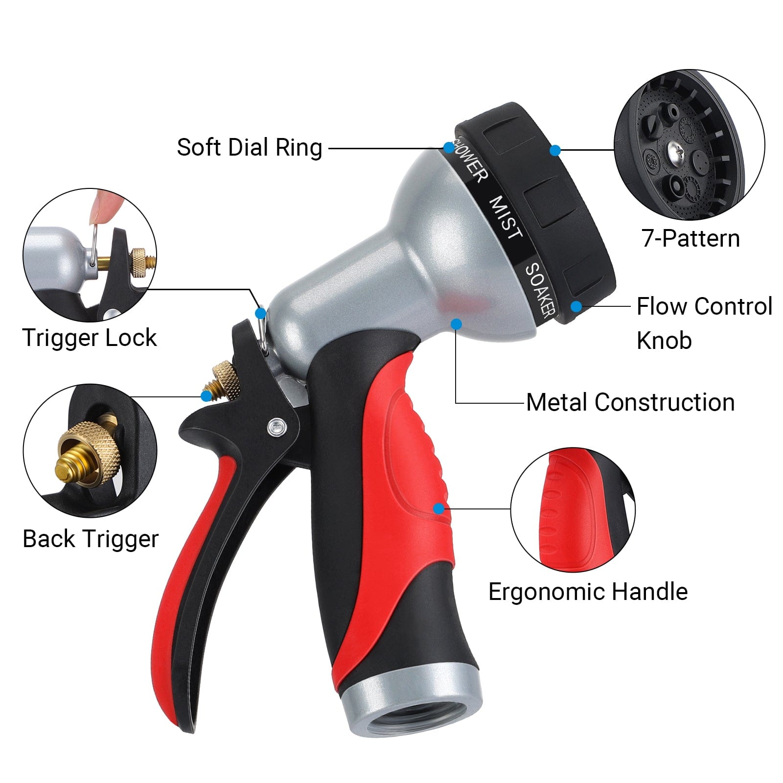 DEWENWILS Garden Hose Nozzle, Heavy Duty Metal Water Hose Nozzle with 7 Adjustable Watering Patterns, Garden Hose Sprayer Nozzle for Garden, Cars, Home Cleaning, Leakproof-HMFN02A