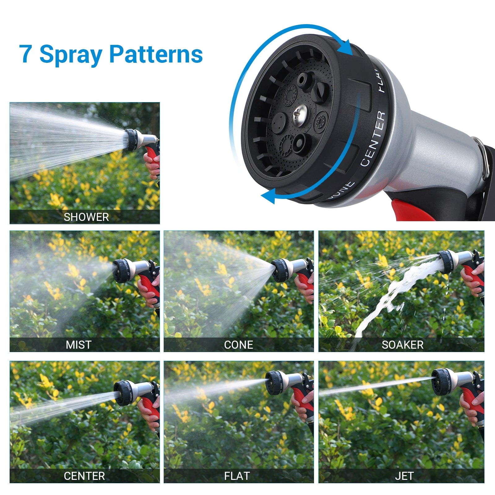 DEWENWILS Garden Hose Nozzle, Heavy Duty Metal Water Hose Nozzle with 7 Adjustable Watering Patterns, Garden Hose Sprayer Nozzle for Garden, Cars, Home Cleaning, Leakproof-HMFN02A