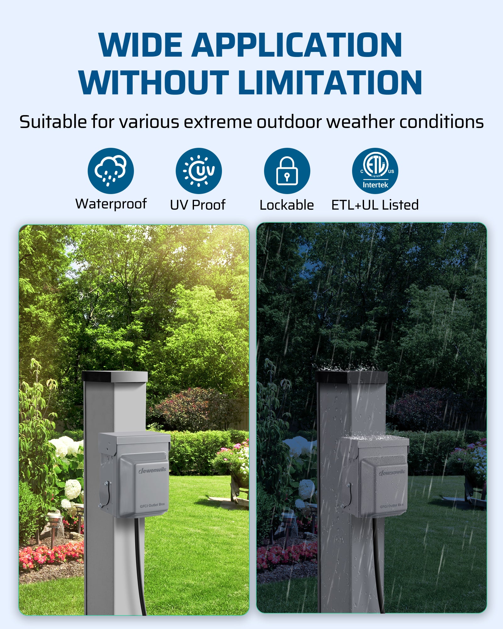 DEWENWILS Outdoor Outlet Box, 20 AMP WRTR GFCI Receptacles, Rainproof 3R Enclosure, Metal Power Switch Box, GFCI Outlet for Garden, Deck, Holiday/Christmas Lights-HMGB01A