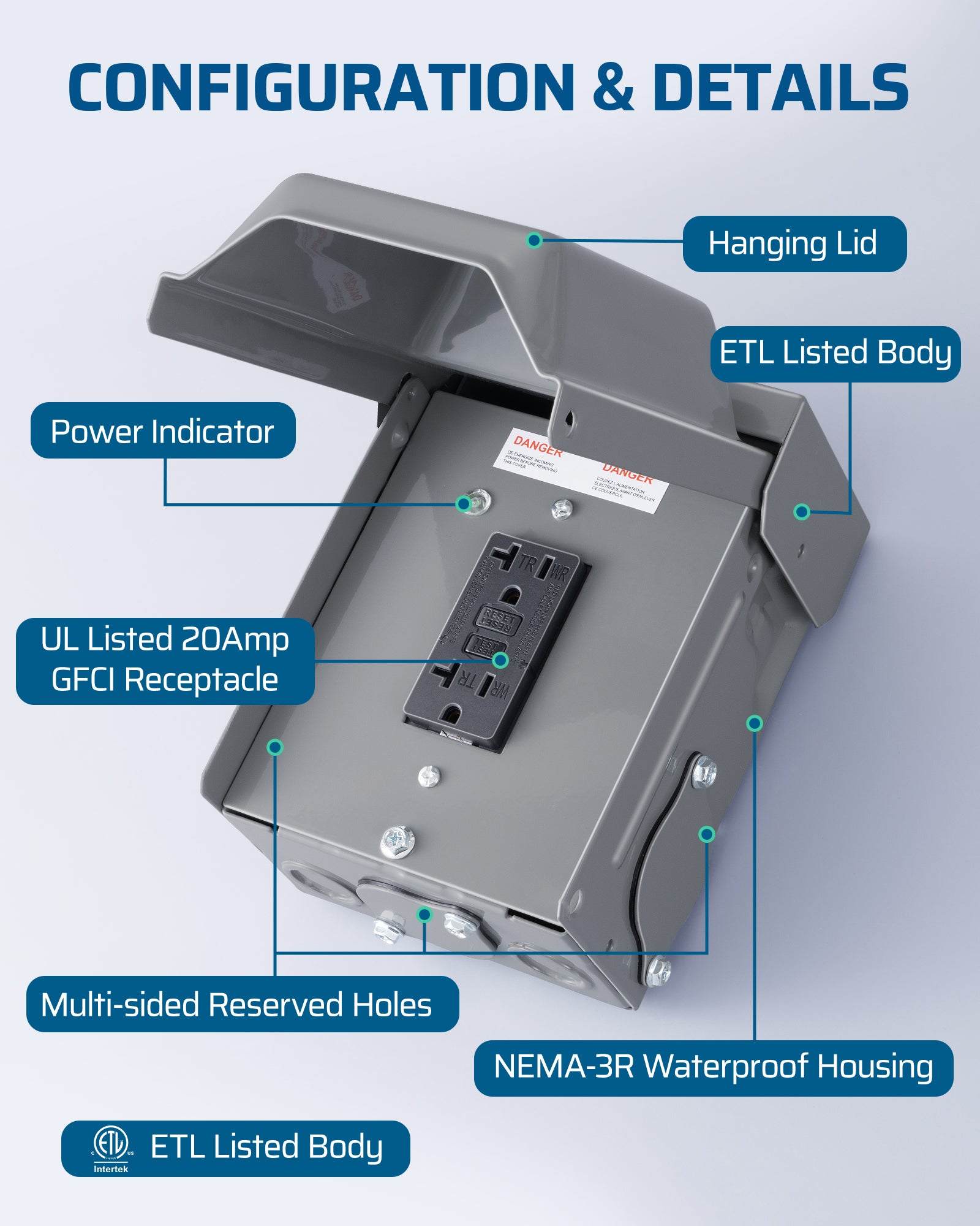 DEWENWILS Outdoor Outlet Box, 20 AMP WRTR GFCI Receptacles, Rainproof 3R Enclosure, Metal Power Switch Box, GFCI Outlet for Garden, Deck, Holiday/Christmas Lights-HMGB01A