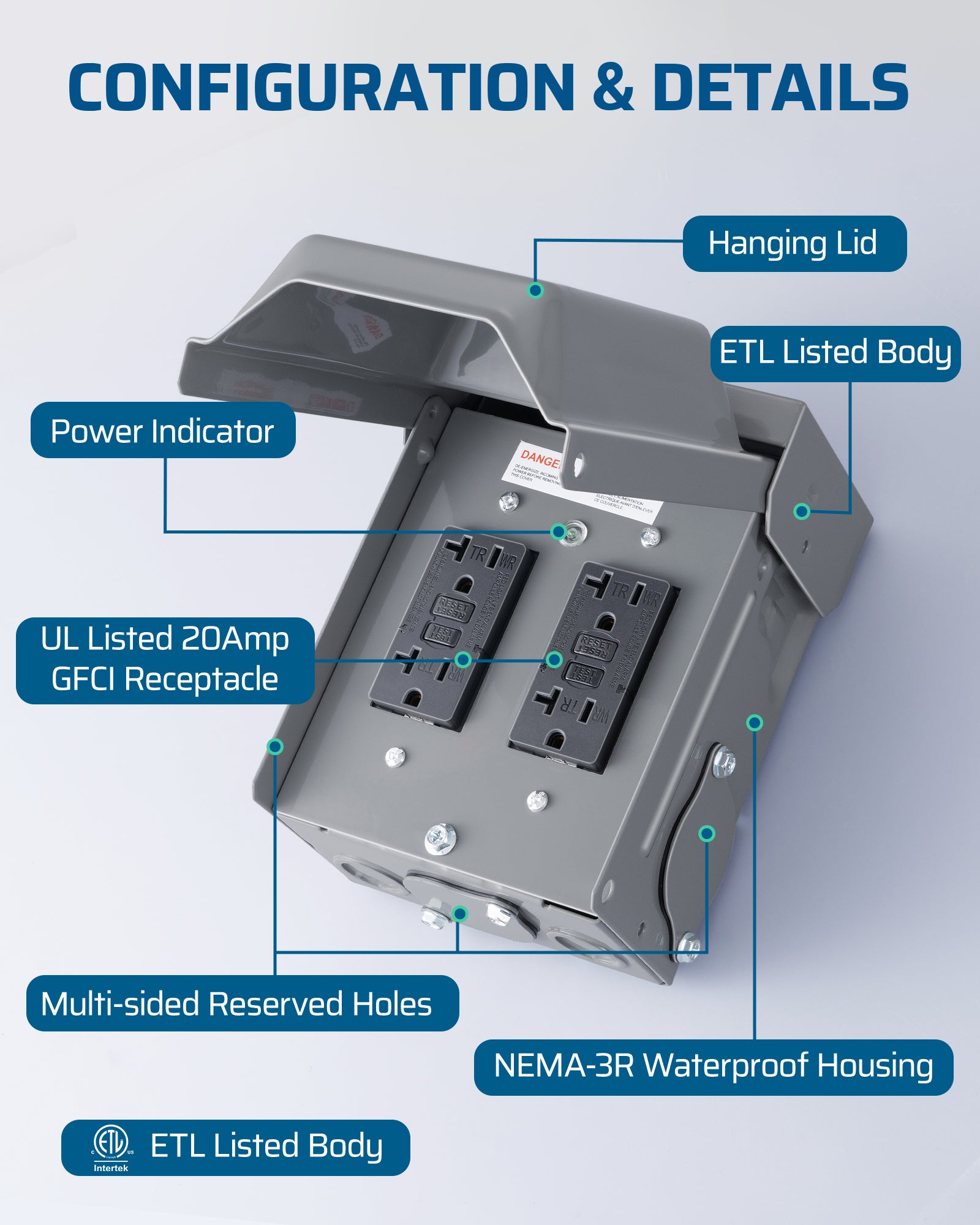 Outdoor Receptacle Box: Features an ETL-listed NEMA-3R waterproof housing with a hanging lid, UL-listed 20A GFCI receptacle, power indicator, and multi-sided reserved holes for easy wiring.