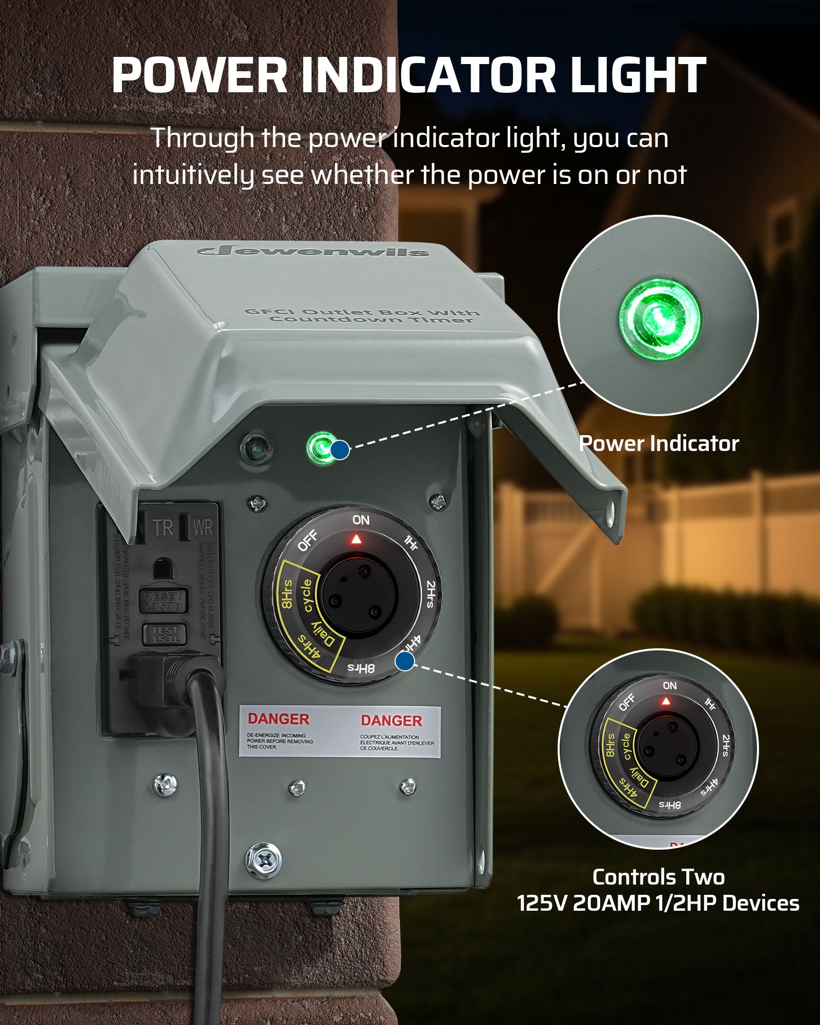 DEWENWILS Outdoor Outlet Box with 20 AMP WRTR GFCI Receptacles, Countdown Function & 4/8Hrs Cycle, 125V/2500W, 1/2hp Rainproof 3R Enclosure, Outdoor Electrical Outlet Box for Decor, Yard - HMGT20A