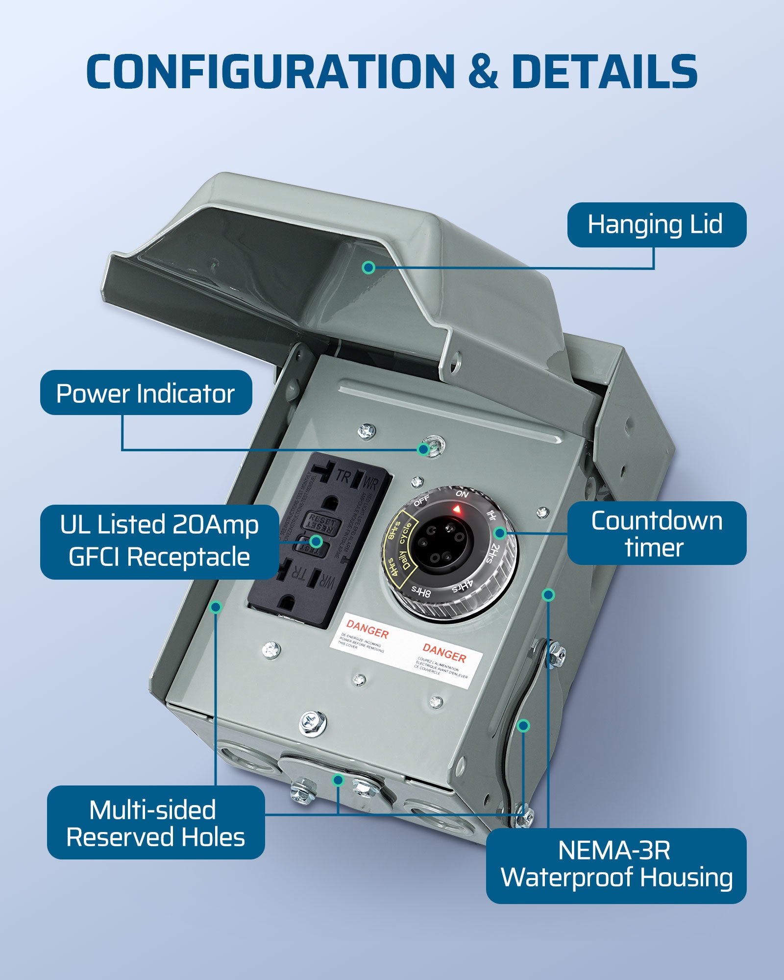 DEWENWILS Outdoor Outlet Box with 20 AMP WRTR GFCI Receptacles, Countdown Function & 4/8Hrs Cycle, 125V/2500W, 1/2hp Rainproof 3R Enclosure, Outdoor Electrical Outlet Box for Decor, Yard - HMGT20A