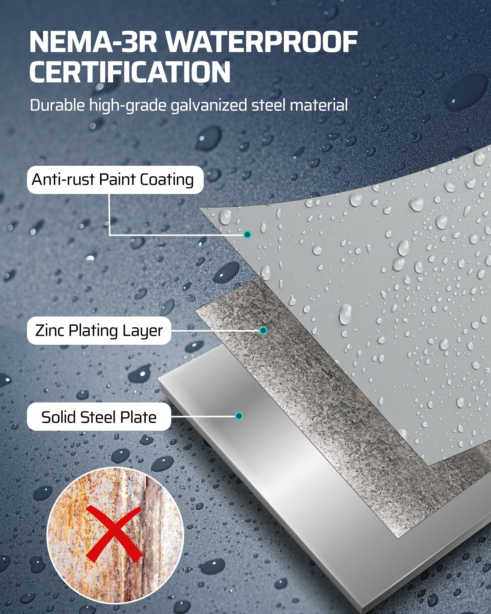 30 Amp RV Outlet Box: Features a NEMA-3R high-grade galvanized steel enclosure with anti-rust coating and zinc plating for durable, waterproof outdoor protection.