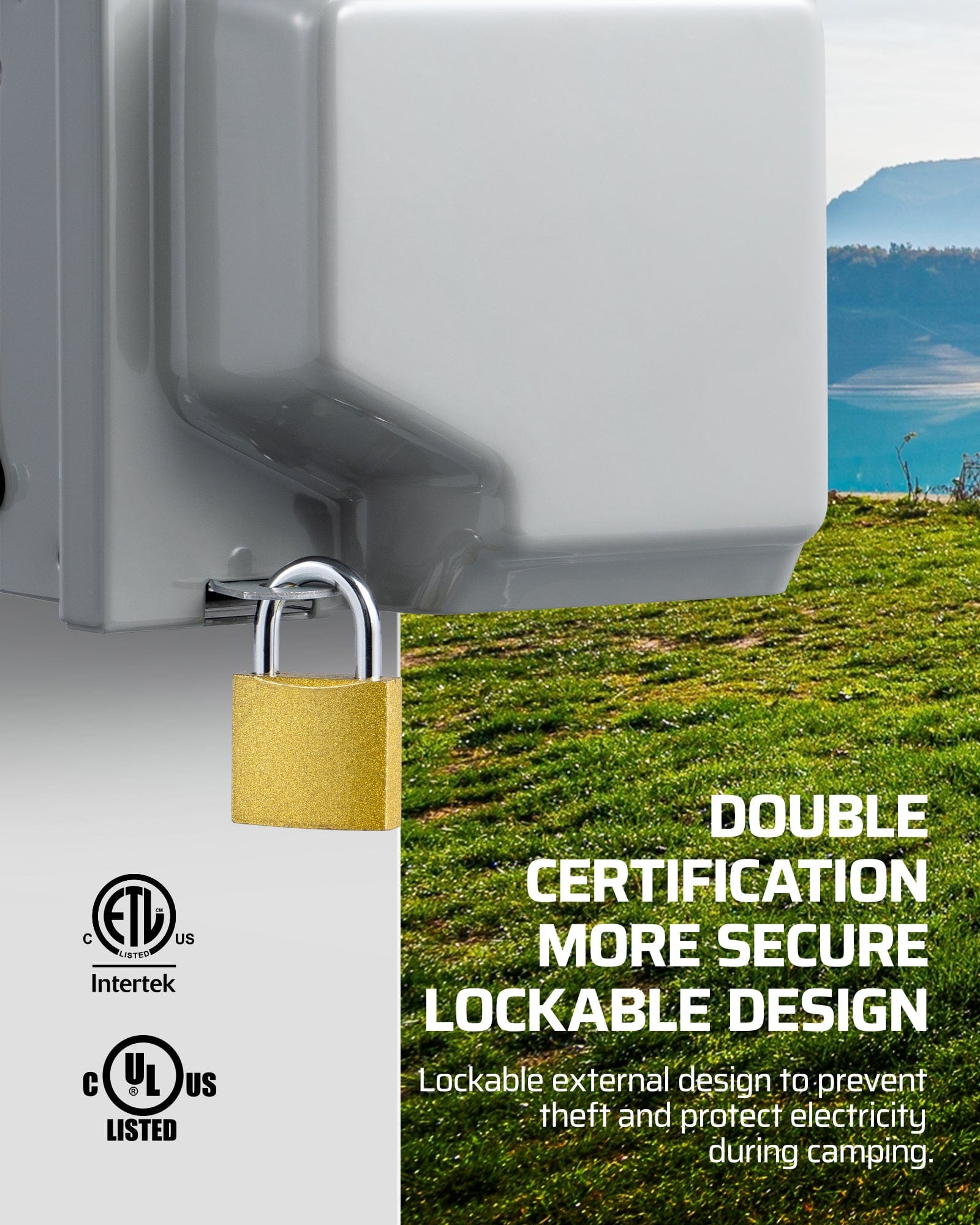 30 Amp RV Outlet Box: Features a double-certified, lockable design to prevent theft and protect electrical connections during outdoor camping and travel.